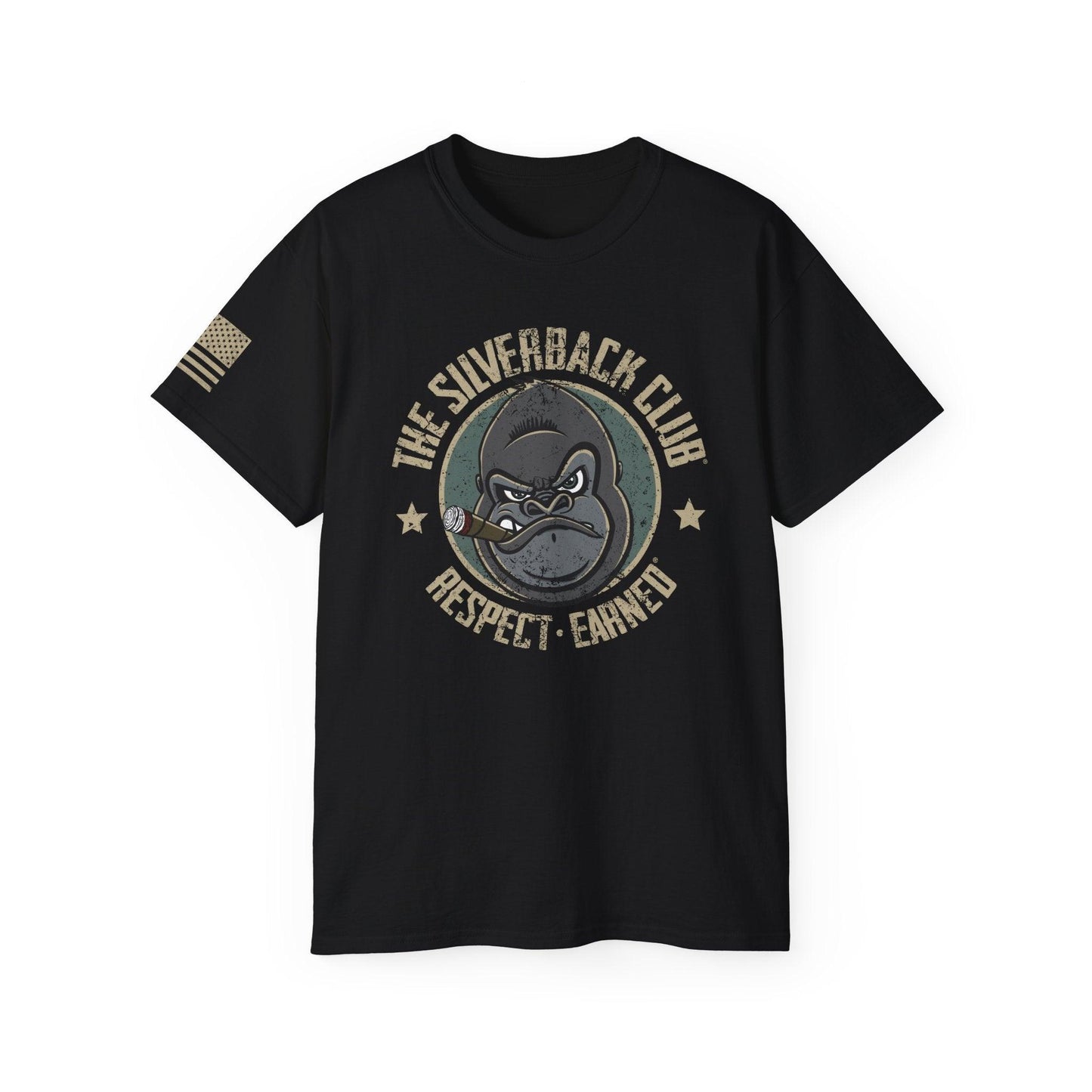 A vintage black t-shirt with a logo of a silverback gorilla head smoking a cigar and the words The Silverback Club and Respect.Earned surrounding it and the U.S. flag on the right sleeve.