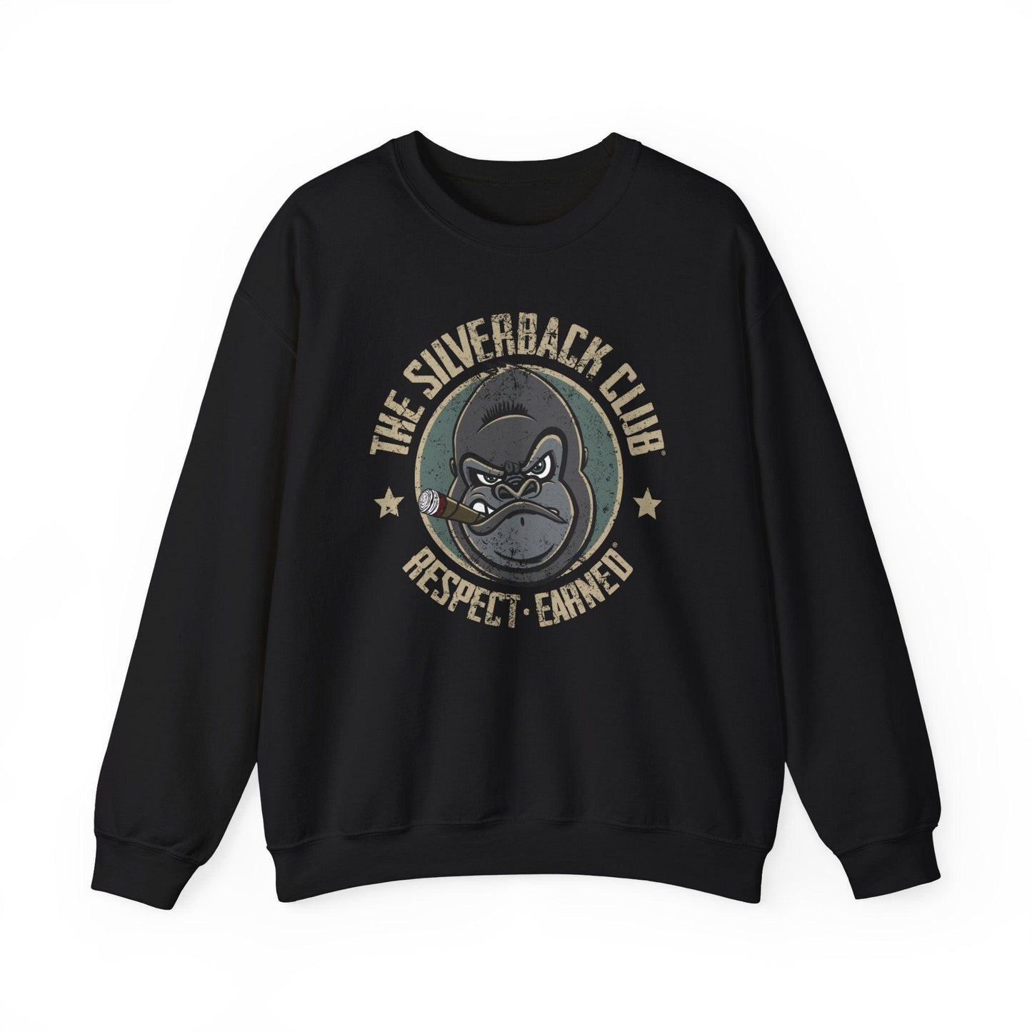 A black sweatshirt with a logo of a silverback gorilla head smoking a cigar and the words The Silverback Club and Respect.Earned surrounding it.