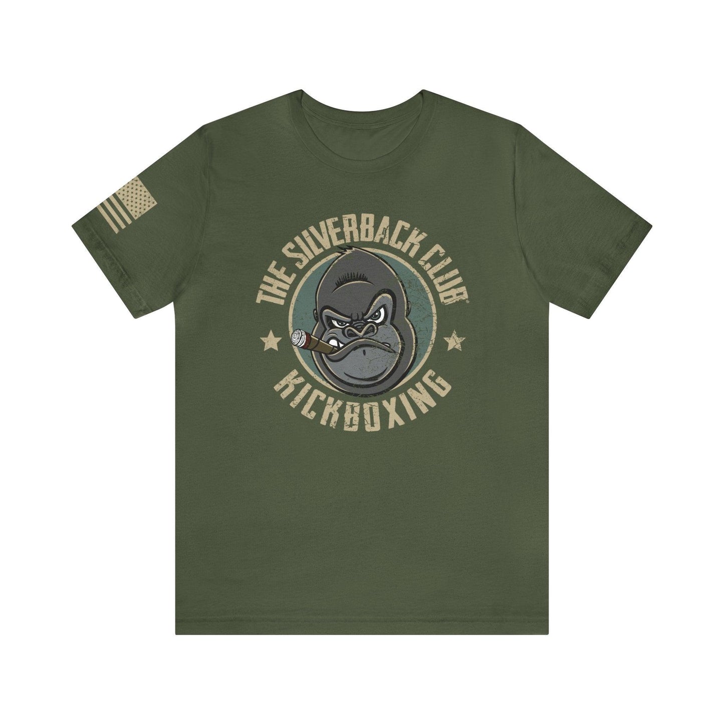 The front of a green t-shirt and The Silverback Club logo consisting of a gorilla's face smoking a cigar and the words "Kickboxing" underneath. The U.S. flag is on the right sleeve.