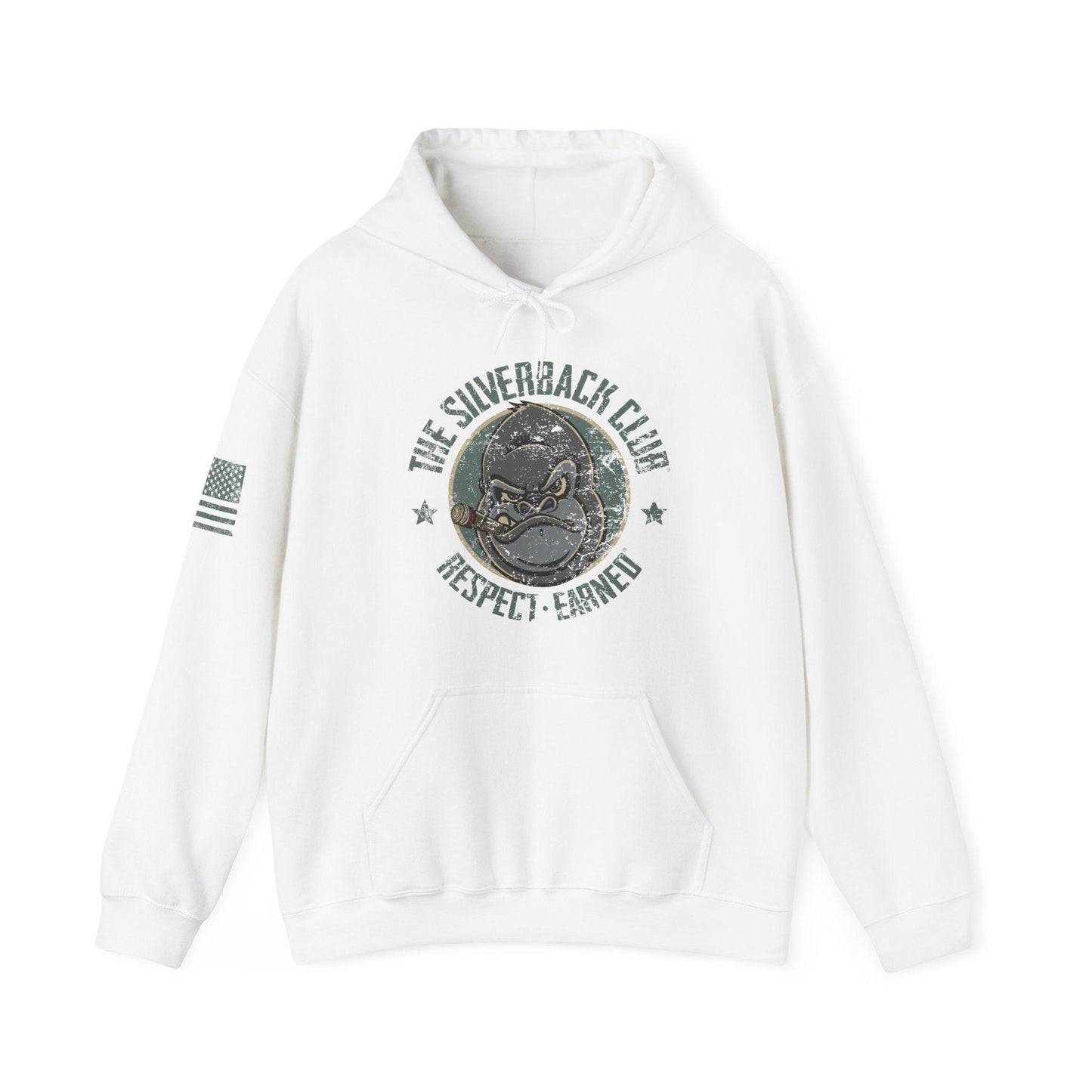 A white hooded sweatshirt with a logo of a silverback gorilla head smoking a cigar and the words The Silverback Club and Respect.Earned surrounding it.