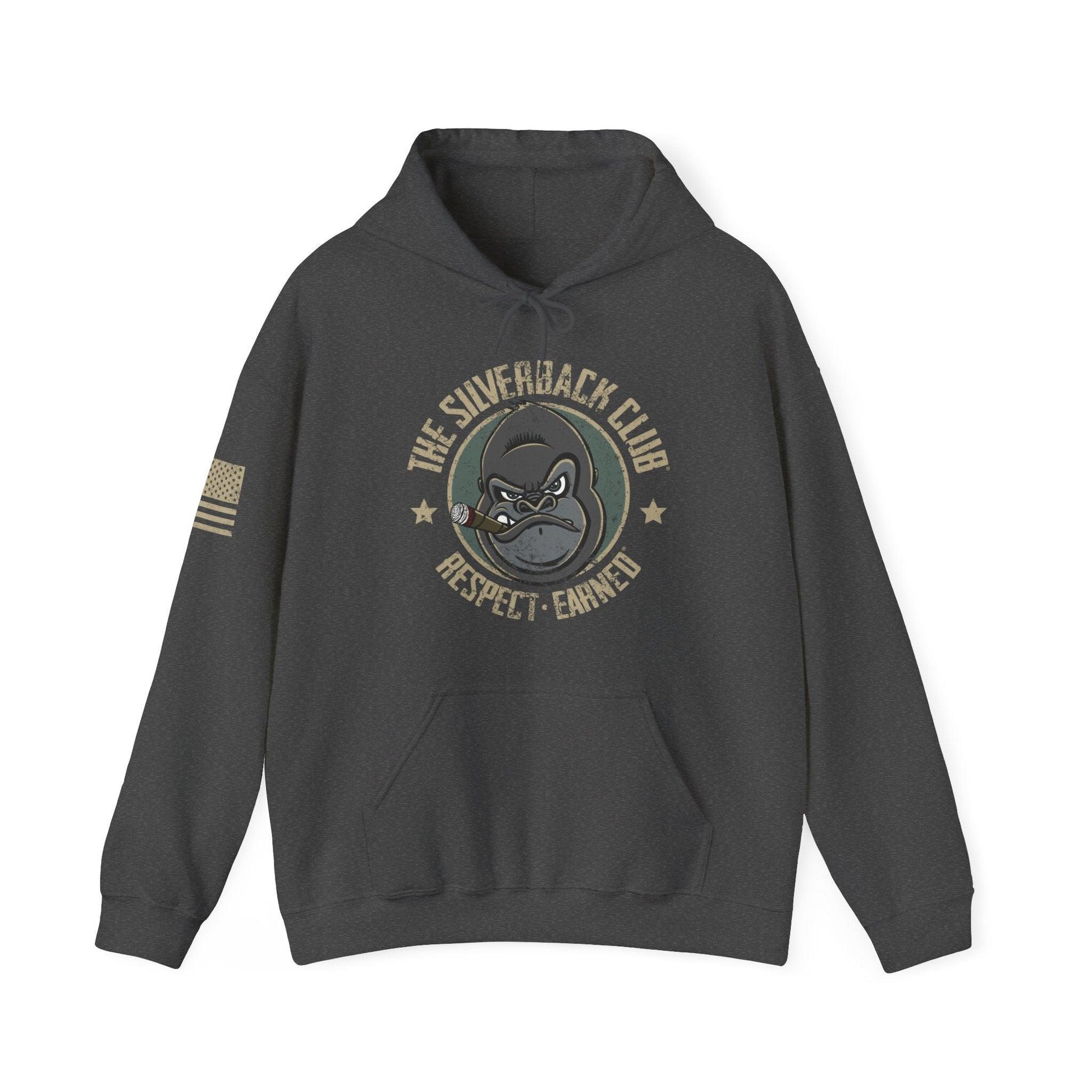 A grey hooded sweatshirt with a logo of a silverback gorilla head smoking a cigar and the words The Silverback Club and Respect.Earned surrounding it.