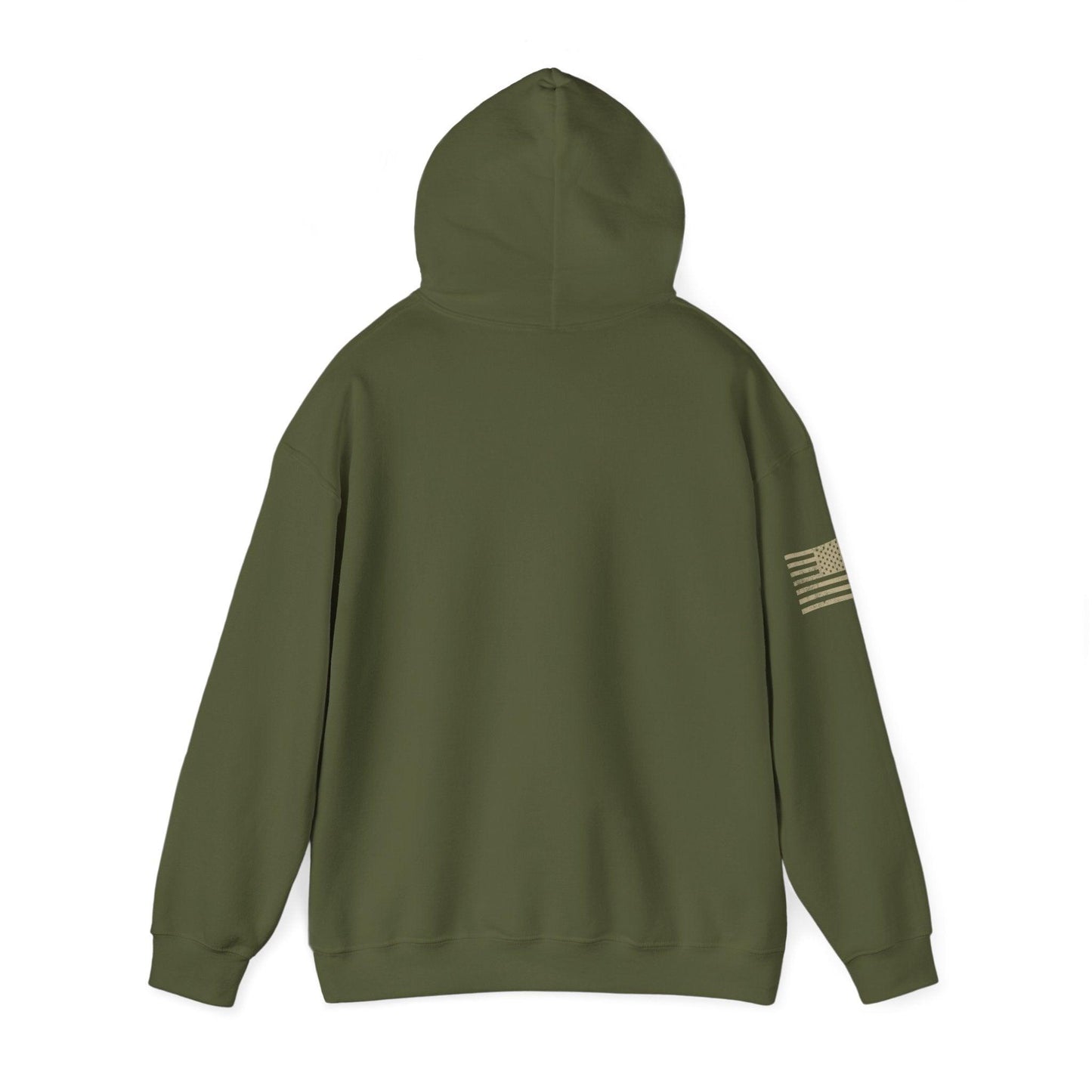 The back side of an olive green hooded sweatshirt with a U.S. flag graphic on its right upper arm.