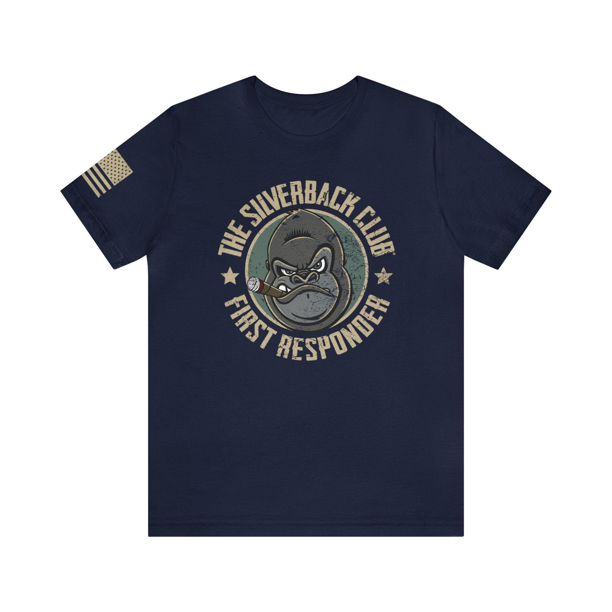 The front of a blue t-shirt and The Silverback Club logo consisting of a gorilla's face smoking a cigar and the words "First Responder" underneath. The U.S. flag is on the right sleeve.