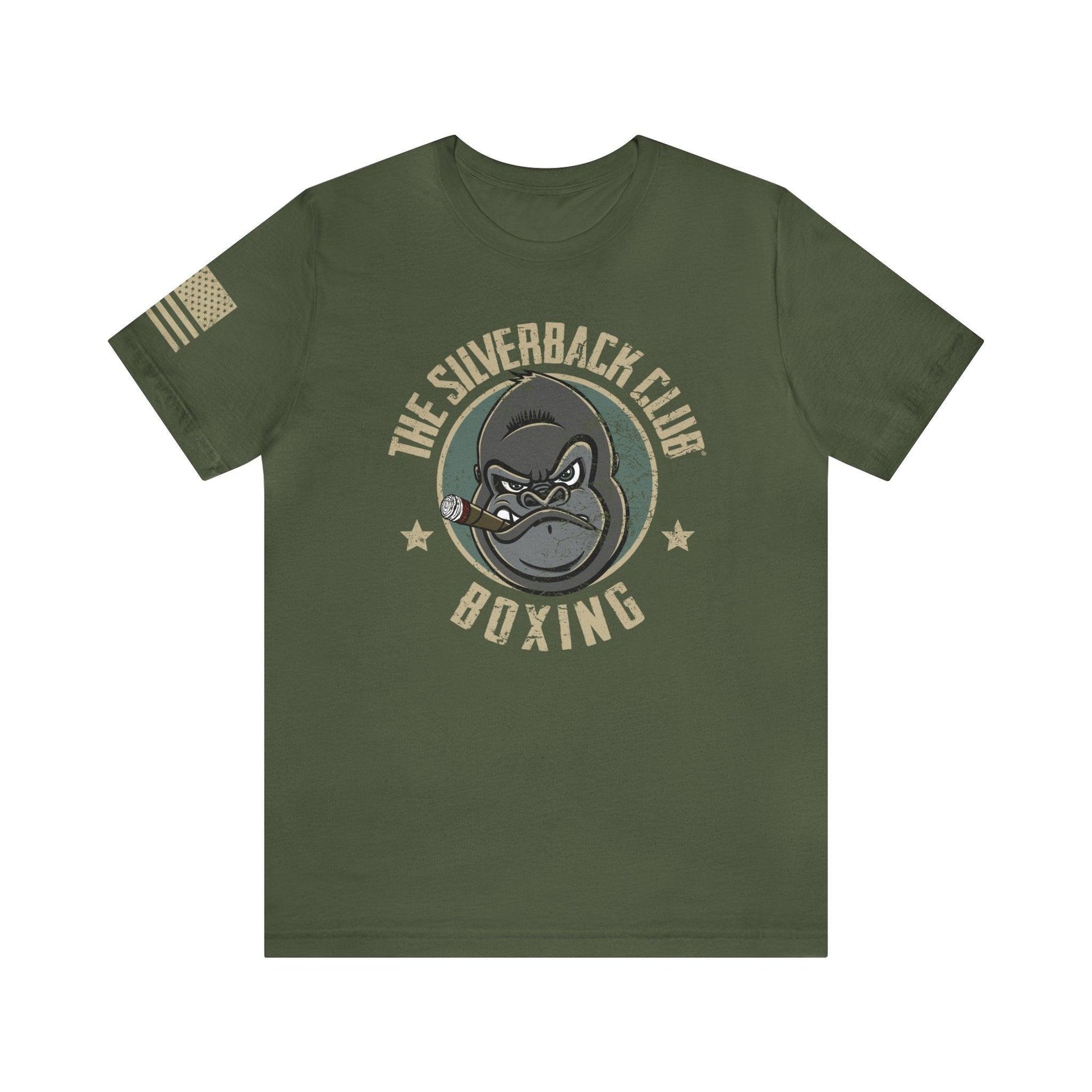 The front of a green t-shirt and The Silverback Club logo consisting of a gorilla's face smoking a cigar and the words "Boxing" underneath. The U.S. flag is on the right sleeve.