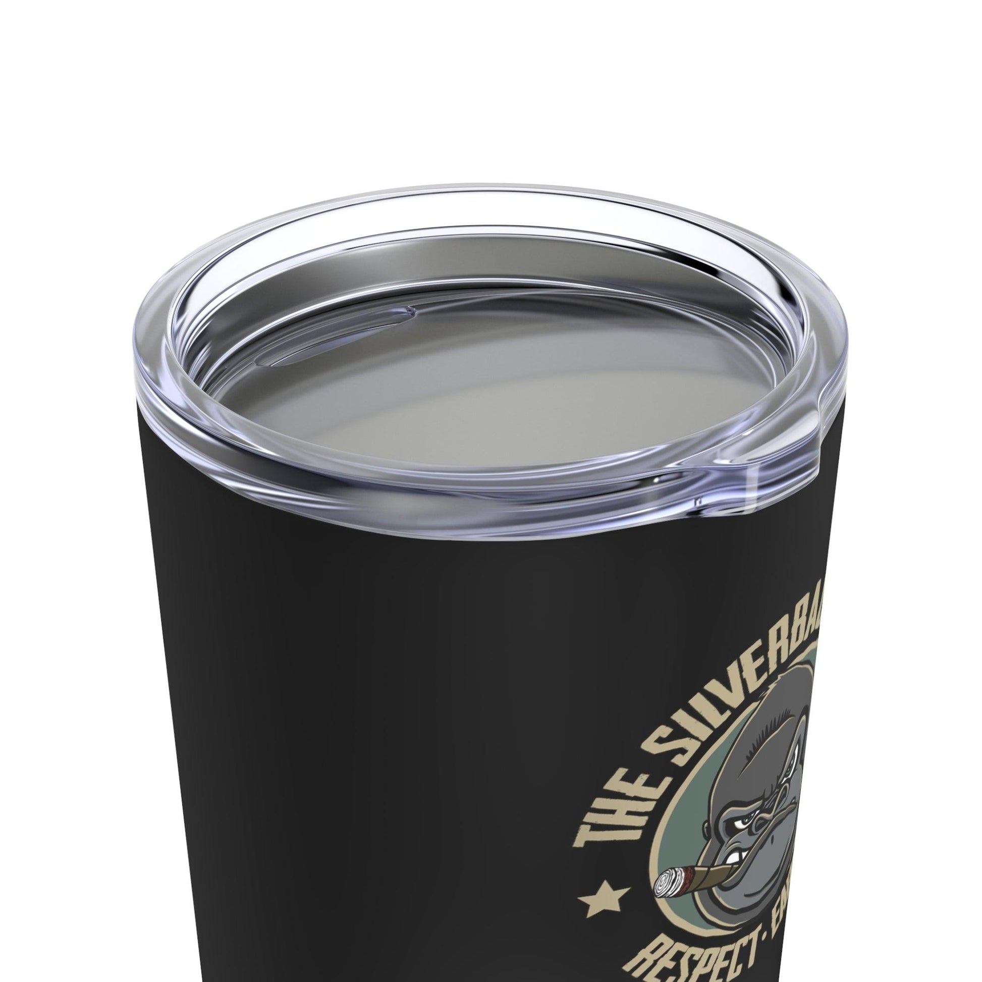 A top view of a black drink tumbler with a logo of a silverback gorilla head smoking a cigar and the words The Silverback Club and Respect.Earned surrounding it.