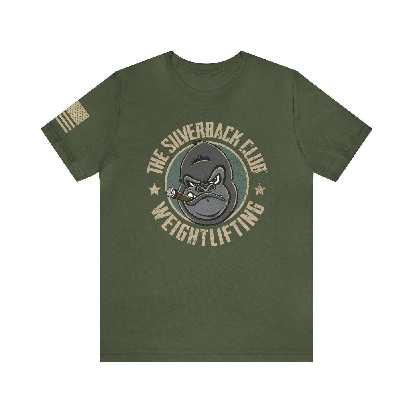 The front of a green t-shirt and The Silverback Club logo consisting of a gorilla's face smoking a cigar and the words "Weightlifting" underneath.