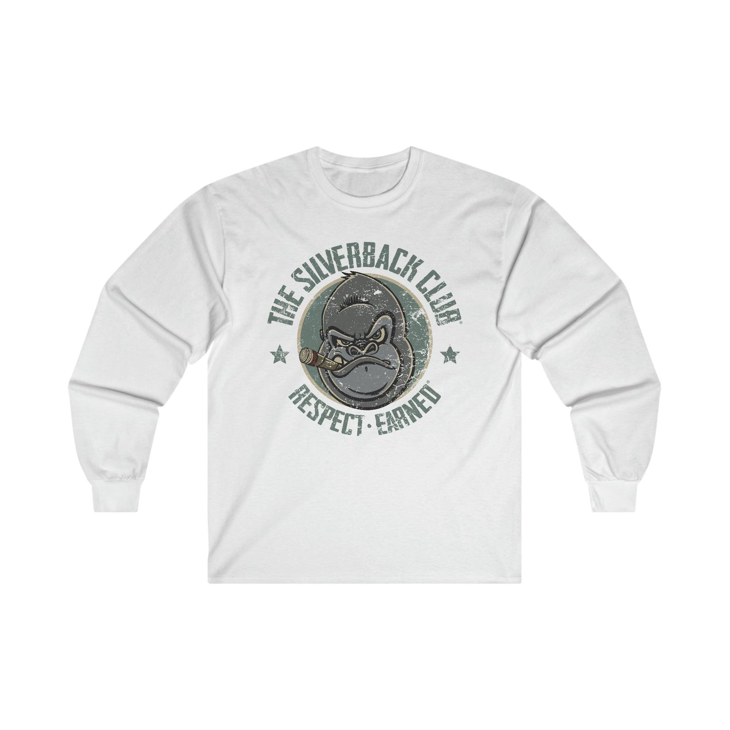 A white long-sleeved t-shirt with a logo of a silverback gorilla head smoking a cigar and the words The Silverback Club and Respect.Earned surrounding it.