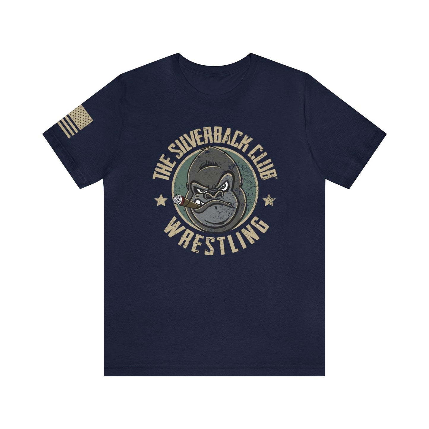 The front of a blue t-shirt and The Silverback Club logo consisting of a gorilla's face smoking a cigar and the words "Wrestling" underneath.