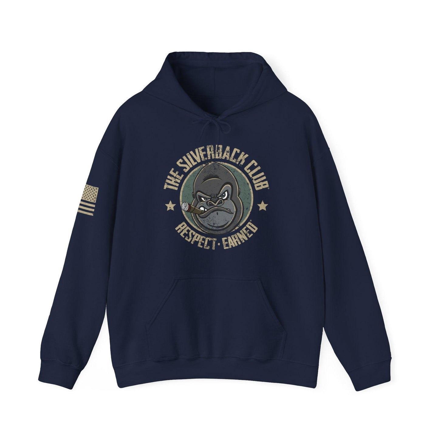 A navy blue hooded sweatshirt with a logo of a silverback gorilla head smoking a cigar and the words The Silverback Club and Respect.Earned surrounding it.