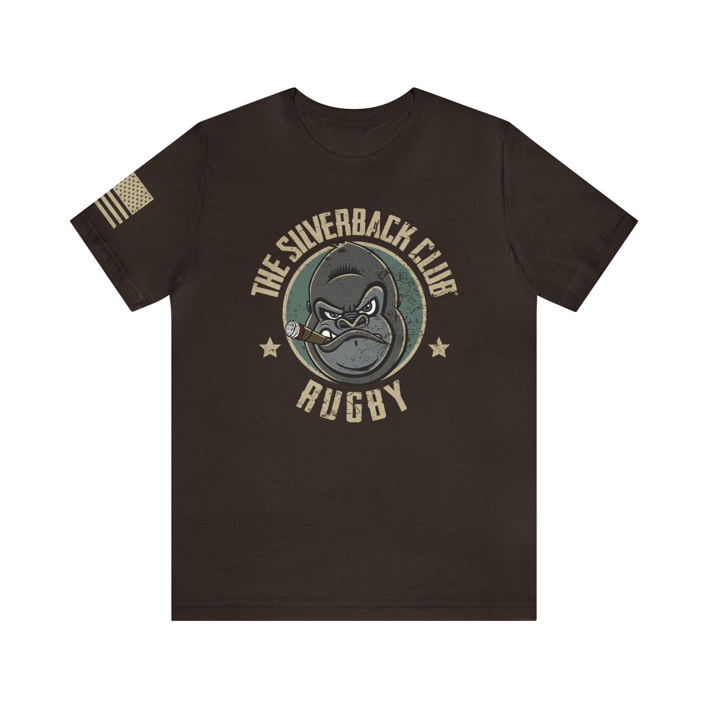 The front of a brown t-shirt and The Silverback Club logo consisting of a gorilla's face smoking a cigar and the words "Rugby" underneath.