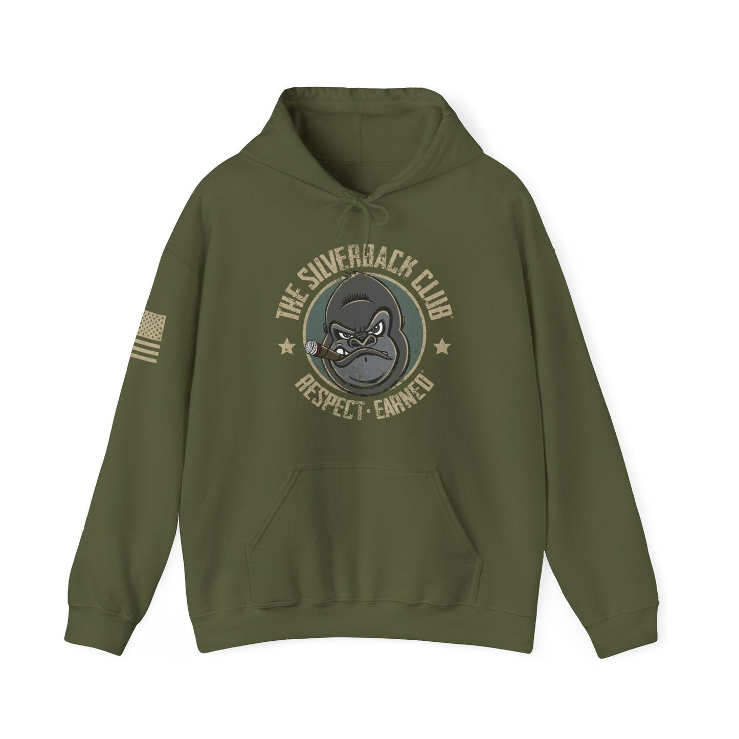 An olive green hooded sweatshirt with a logo of a silverback gorilla head smoking a cigar and the words The Silverback Club and Respect.Earned surrounding it.