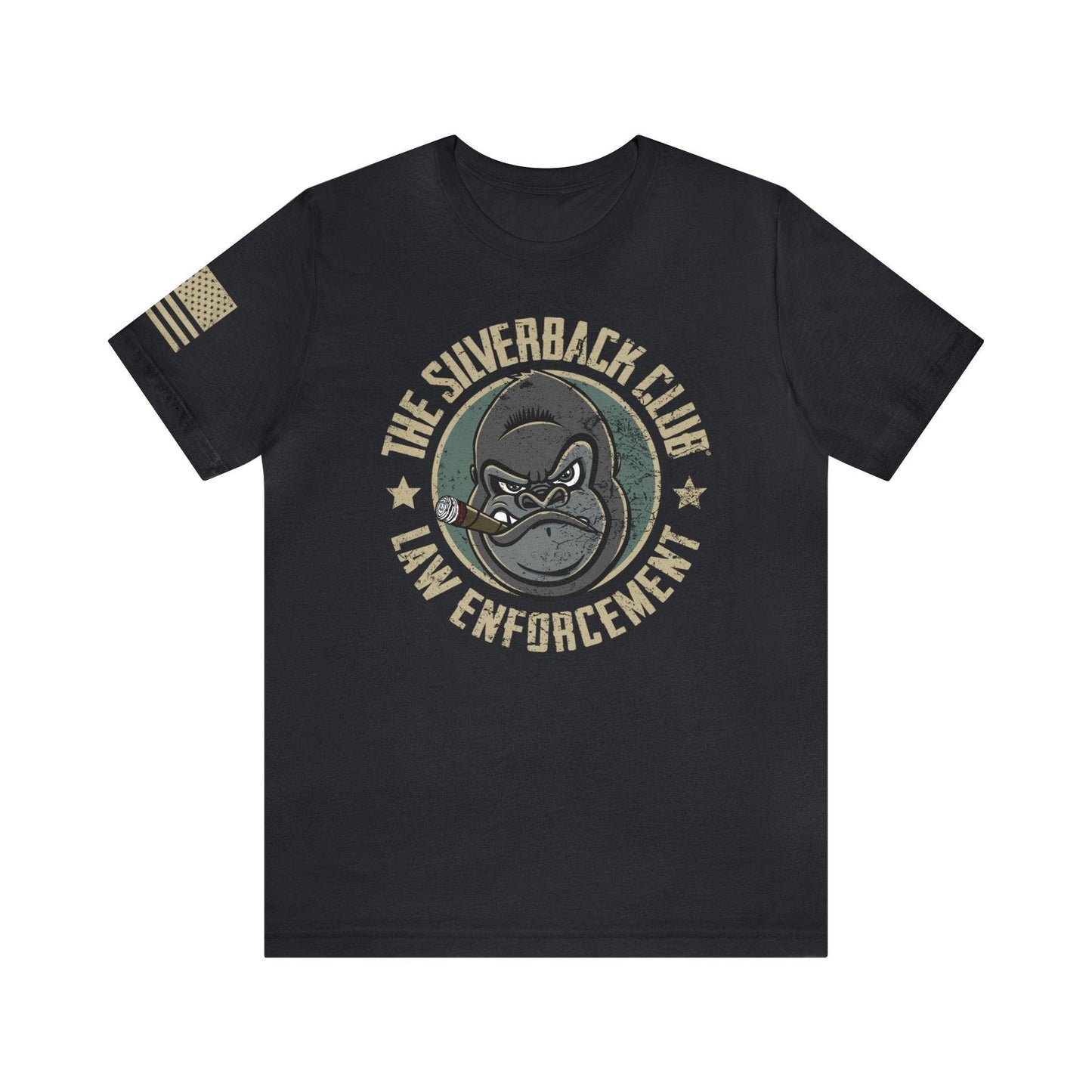 The front of a vintage black t-shirt and The Silverback Club logo consisting of a gorilla's face smoking a cigar and the words "Law Enforcement" underneath. The U.S. flag is on the right sleeve.