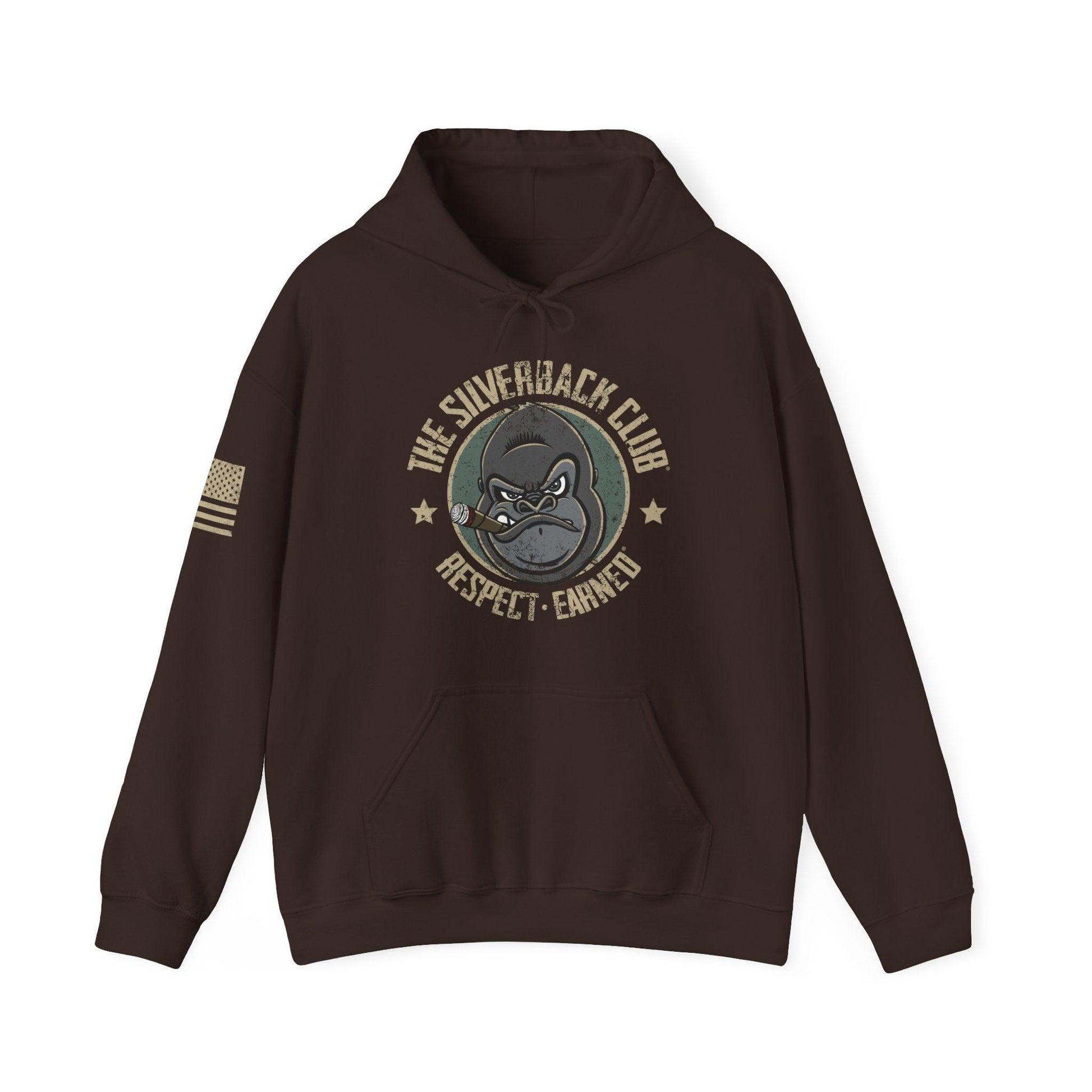 A chocolate brown hooded sweatshirt with a logo of a silverback gorilla head smoking a cigar and the words The Silverback Club and Respect.Earned surrounding it.