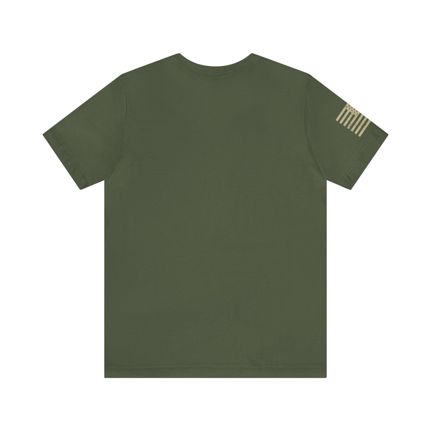 The back of a green t-shirt with the U.S. flag on the sleeve.