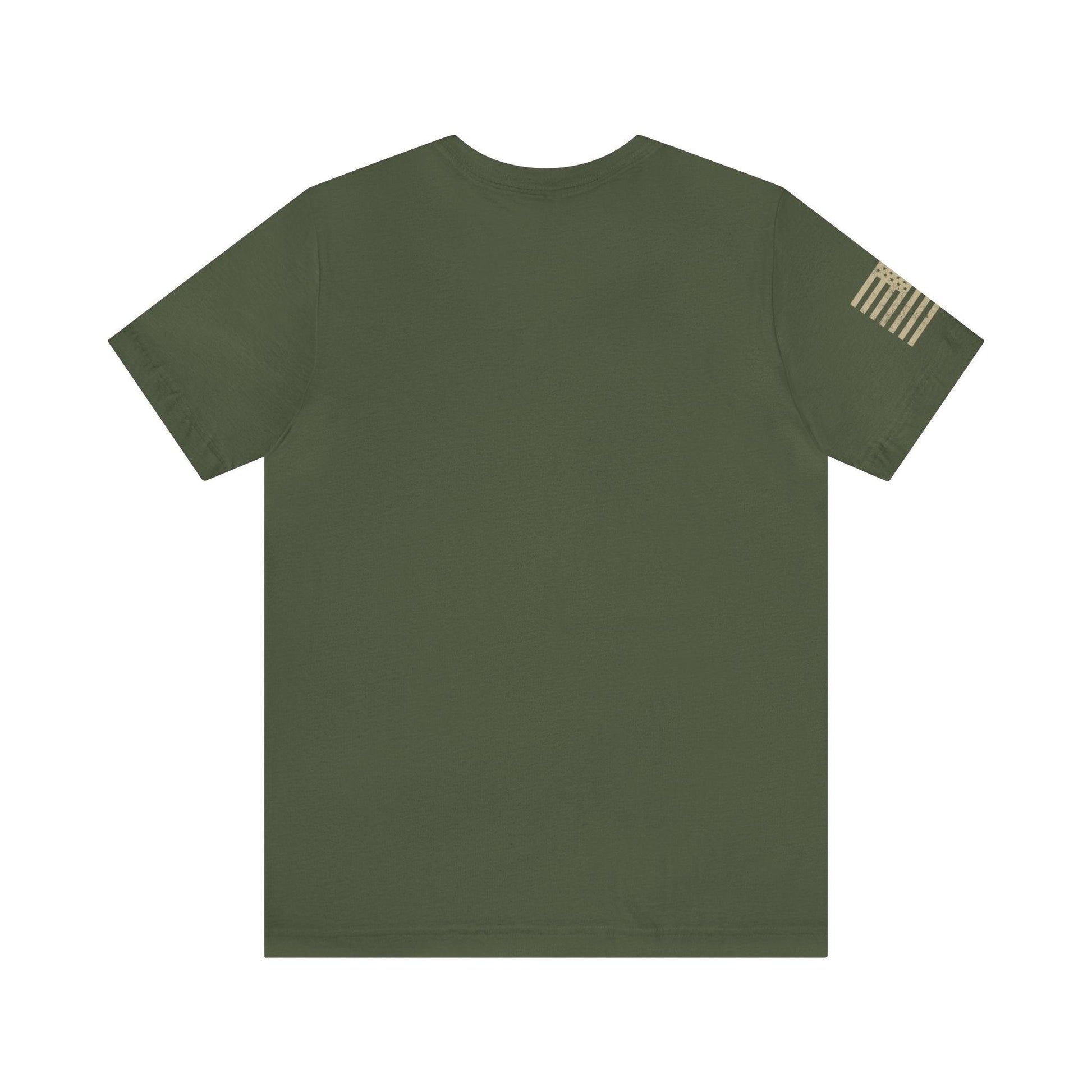 The back of a green t-shirt with the U.S. flag on the sleeve.