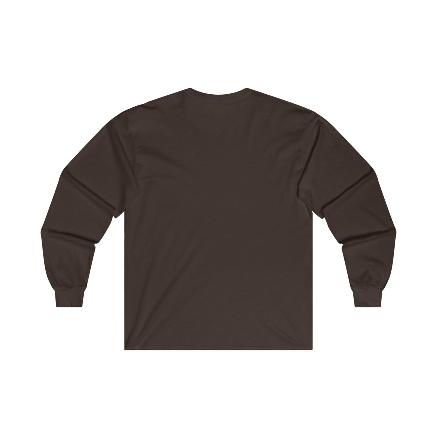 The back side of a brown long-sleeved t-shirt.