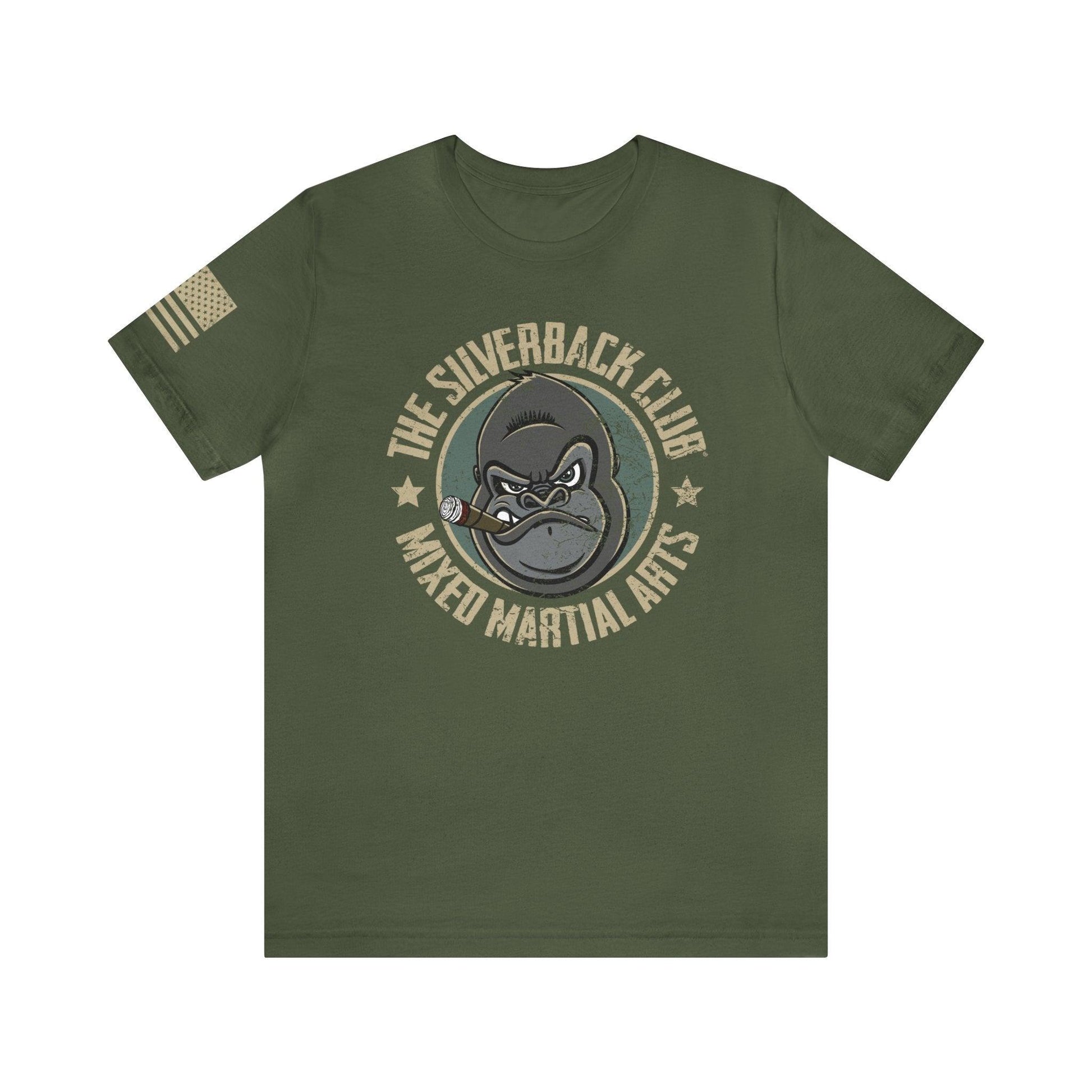 The front of a green t-shirt and The Silverback Club logo consisting of a gorilla's face smoking a cigar and the words "Mixed Martial Arts" underneath.