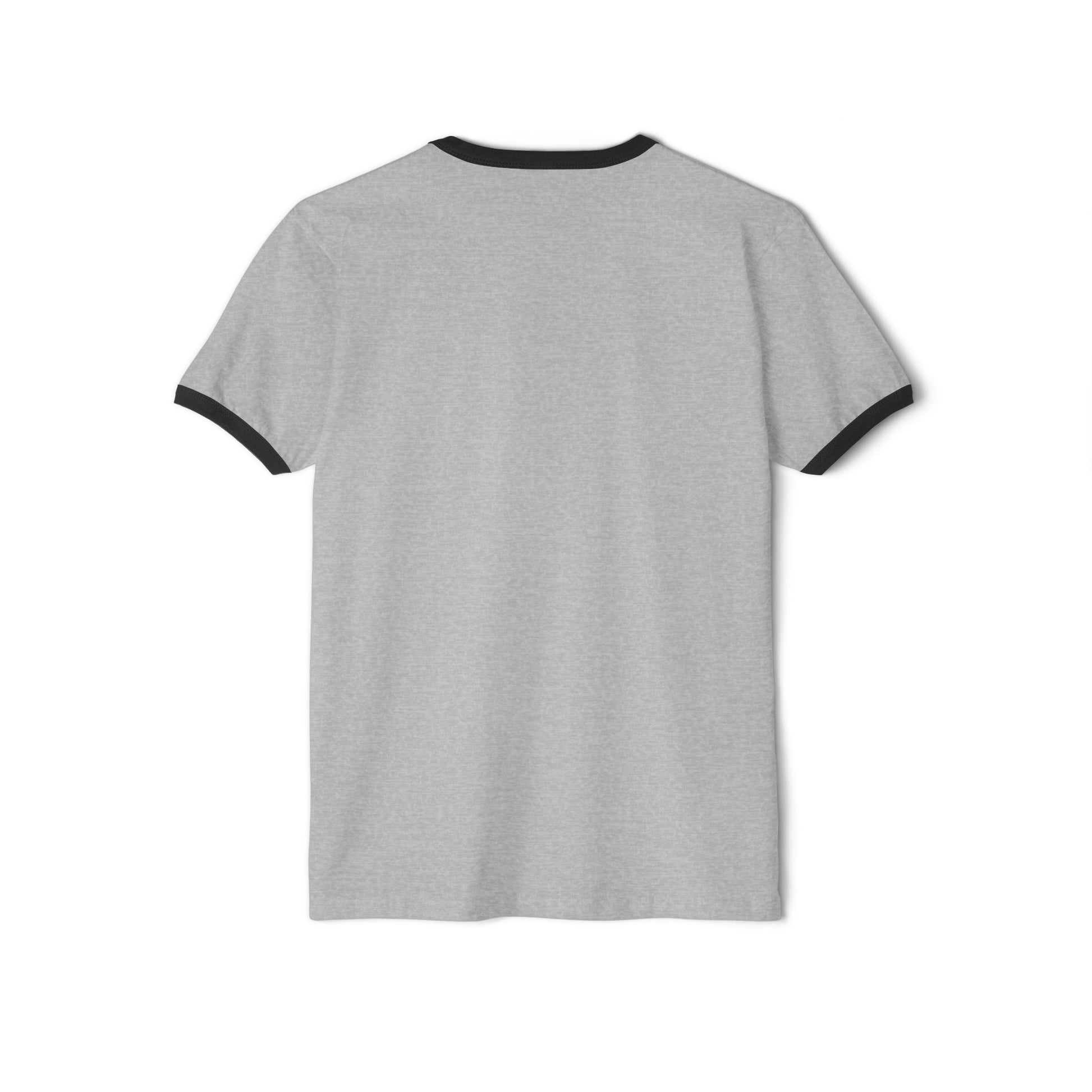 The back of a gray shirt with black ribbed sleeves and neckline.