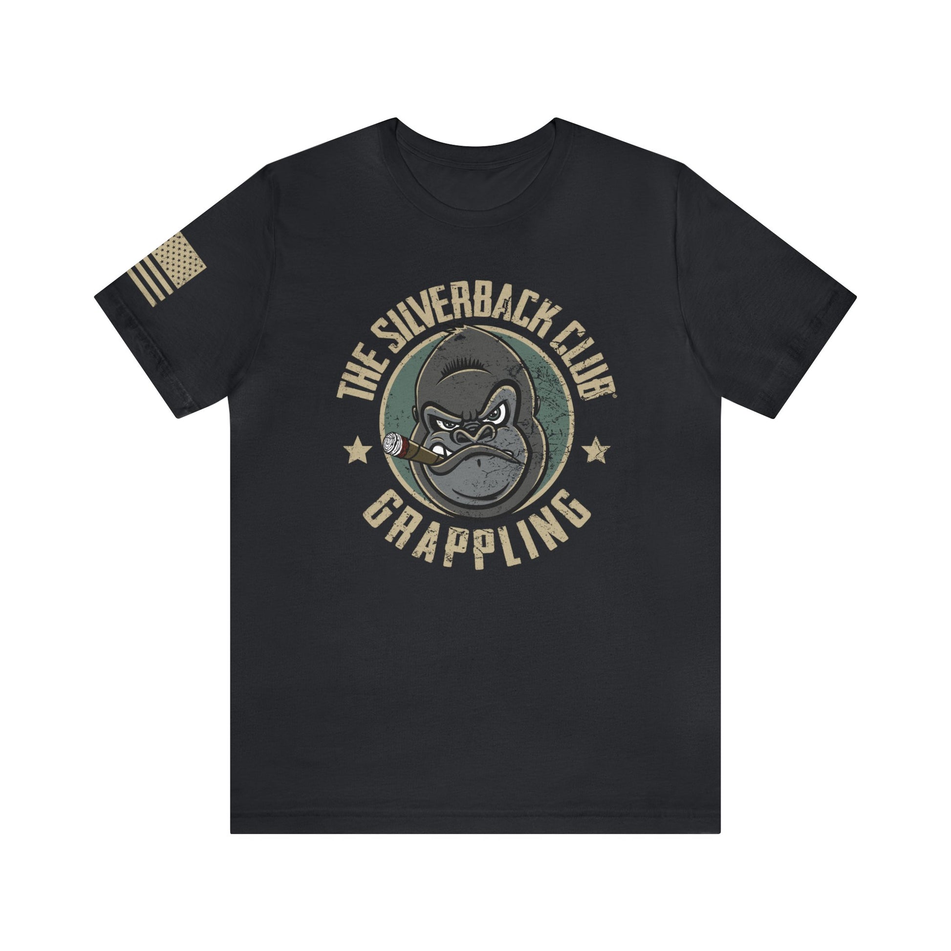 The front of a vintage black t-shirt and The Silverback Club logo consisting of a gorilla's face smoking a cigar and the words "Grappling" underneath. The U.S. flag is on the right sleeve.