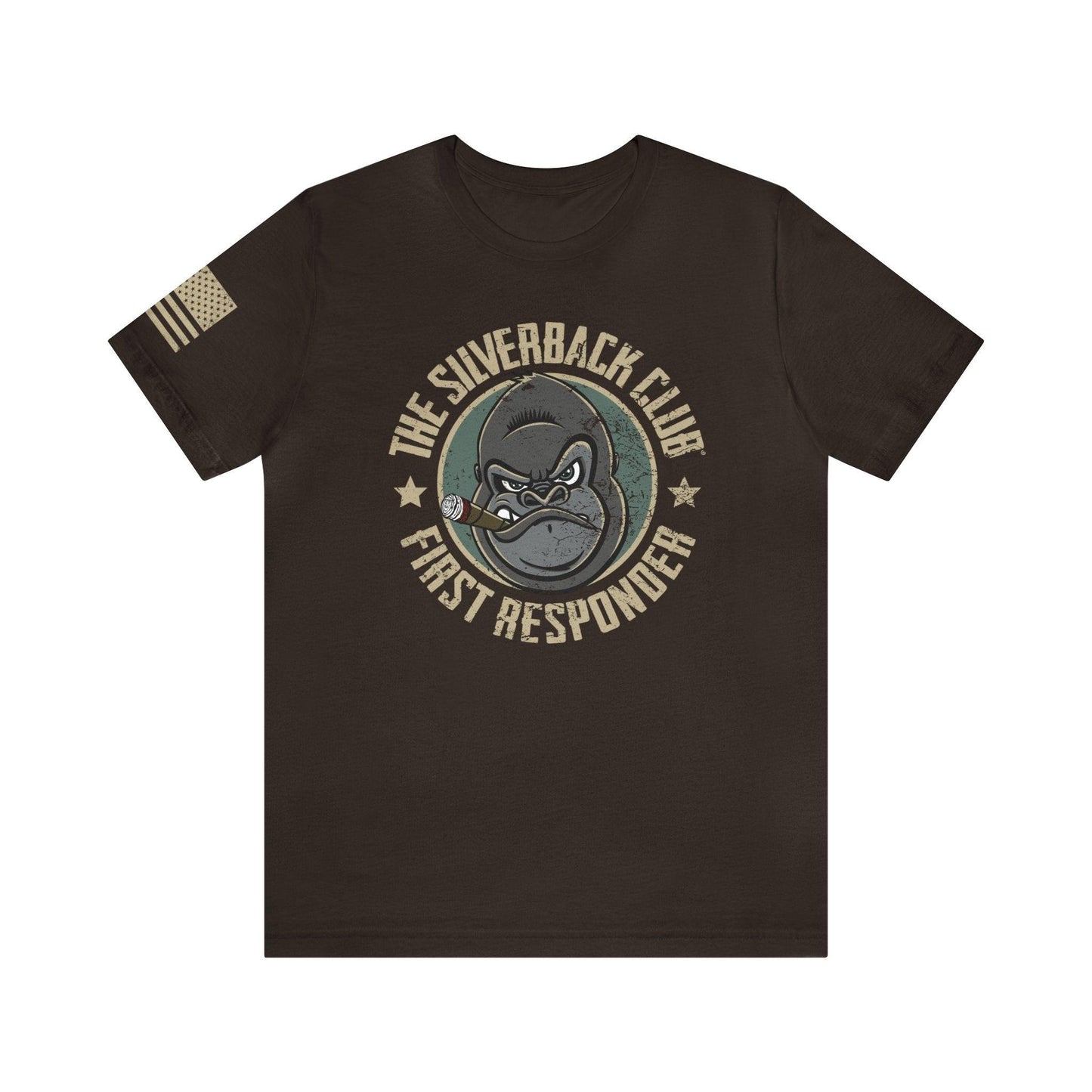 The front of a brown t-shirt and The Silverback Club logo consisting of a gorilla's face smoking a cigar and the words "First Responder" underneath. The U.S. flag is on the right sleeve.