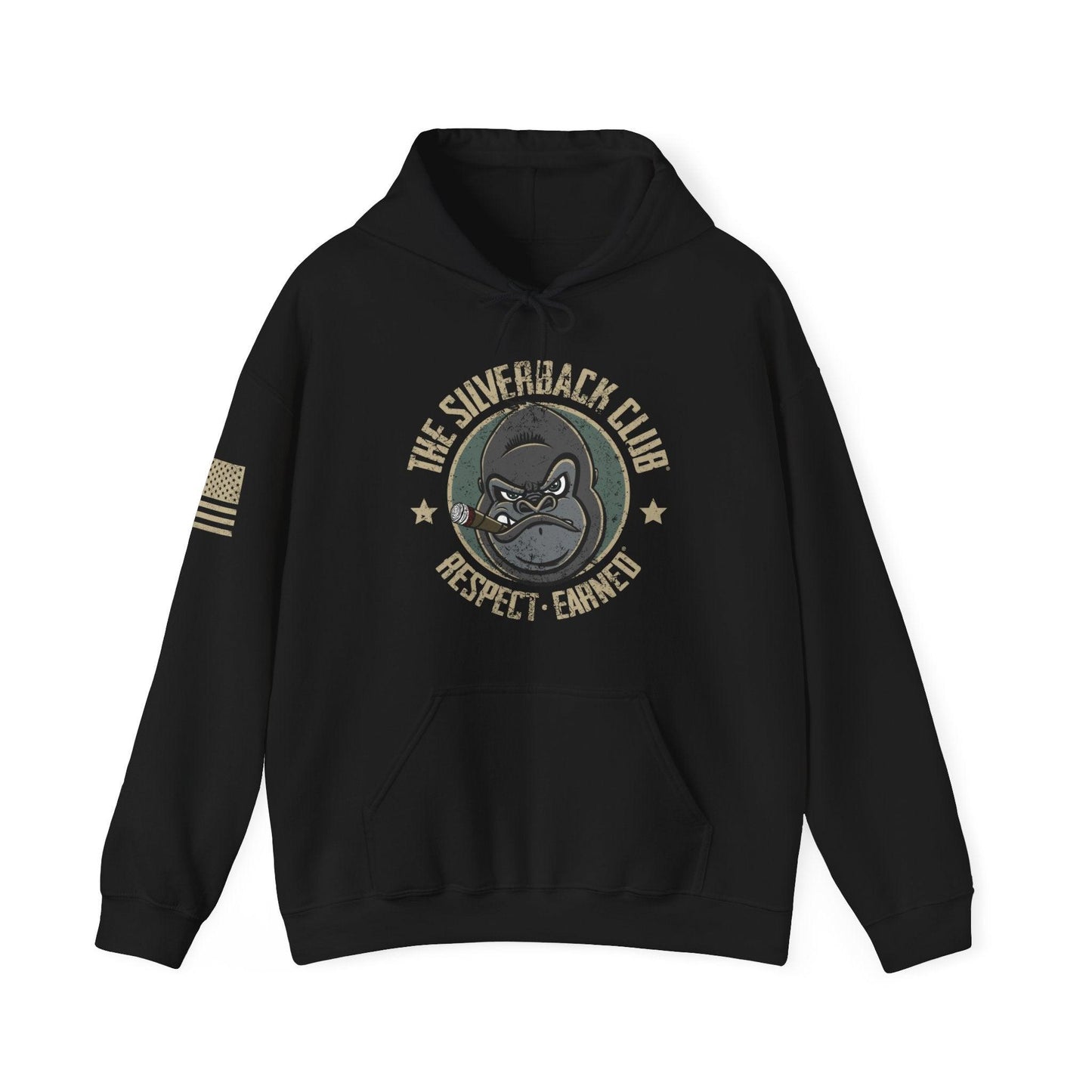 A black hooded sweatshirt with a logo of a silverback gorilla head smoking a cigar and the words The Silverback Club and Respect.Earned surrounding it.