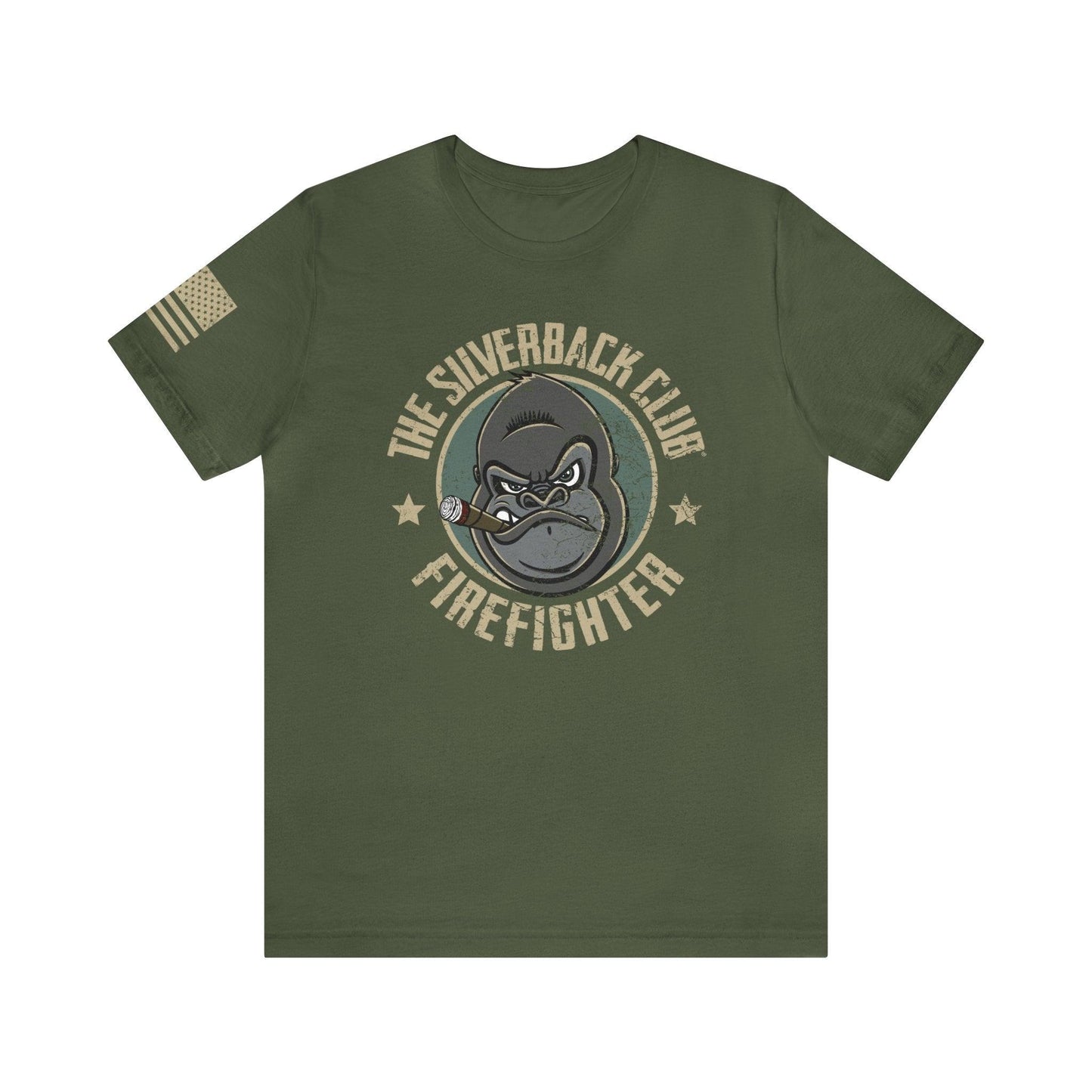 The front of a green t-shirt and The Silverback Club logo consisting of a gorilla's face smoking a cigar and the words "Firefighter" underneath. The U.S. flag is on the right sleeve.