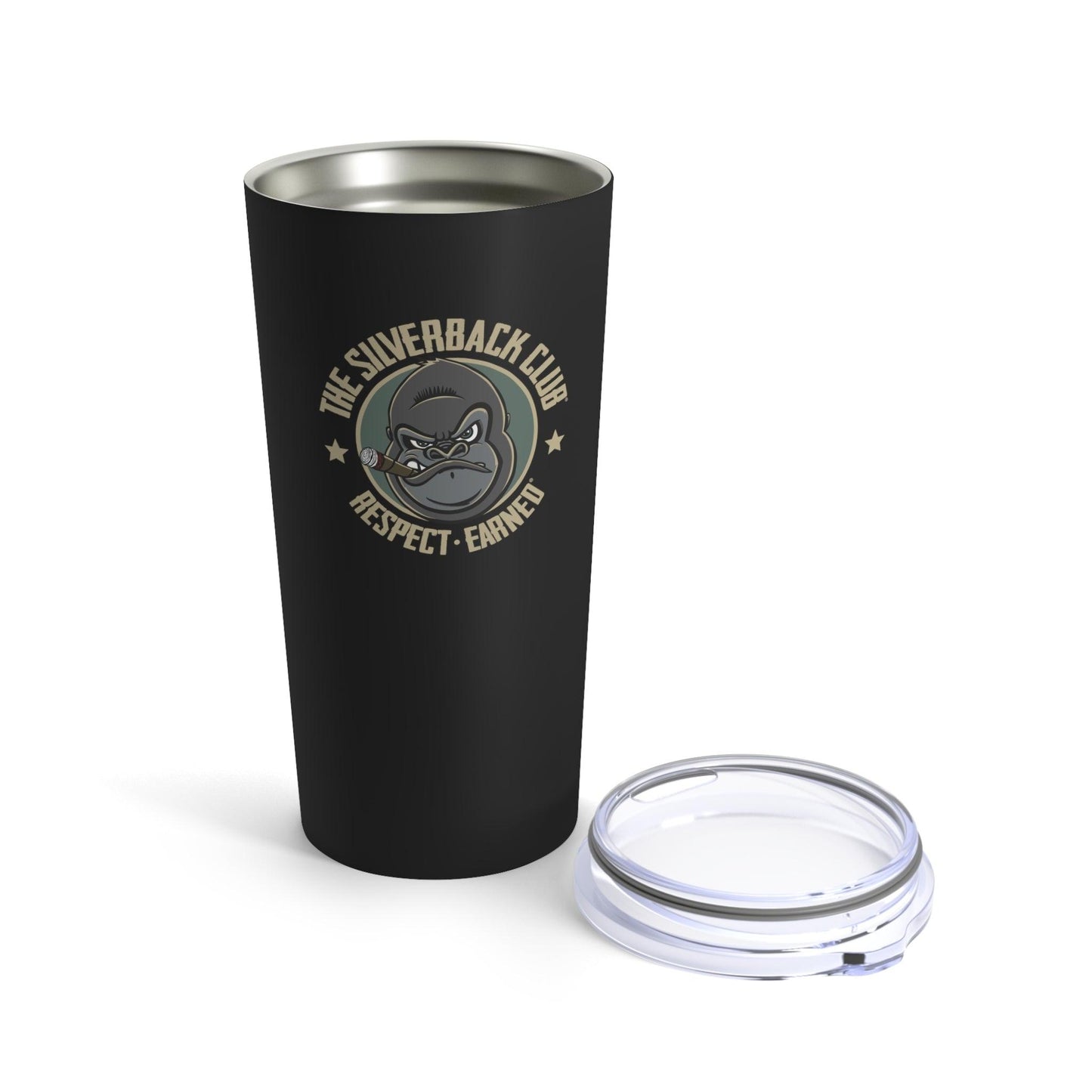 A black drink tumbler with its lid off and a logo of a silverback gorilla head smoking a cigar and the words The Silverback Club and Respect.Earned surrounding it on the tumbler.