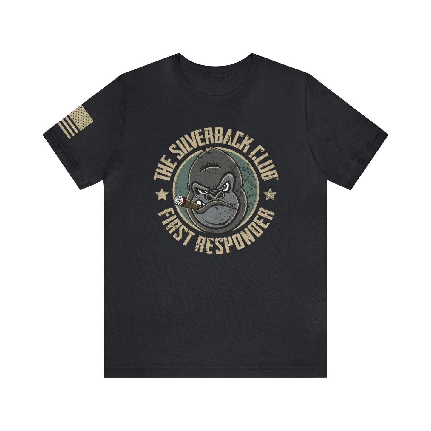 The front of a vintage black t-shirt and The Silverback Club logo consisting of a gorilla's face smoking a cigar and the words "First Responder" underneath. The U.S. flag is on the right sleeve.