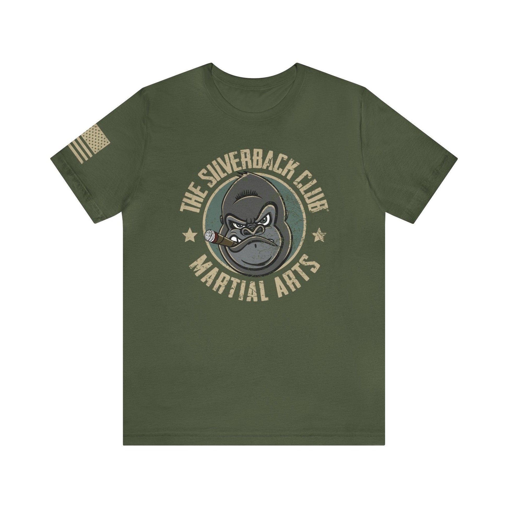 The front of a green t-shirt and The Silverback Club logo consisting of a gorilla's face smoking a cigar and the words "Martial Arts" underneath.