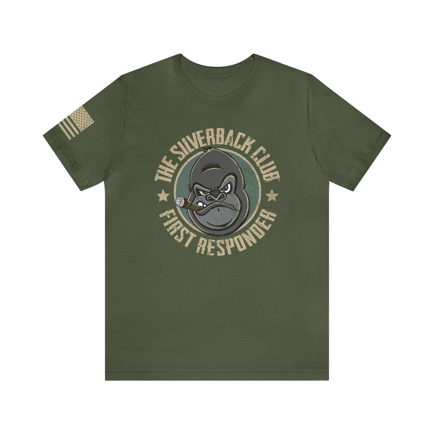 The front of a green t-shirt and The Silverback Club logo consisting of a gorilla's face smoking a cigar and the words "First Responder" underneath. The U.S. flag is on the right sleeve.