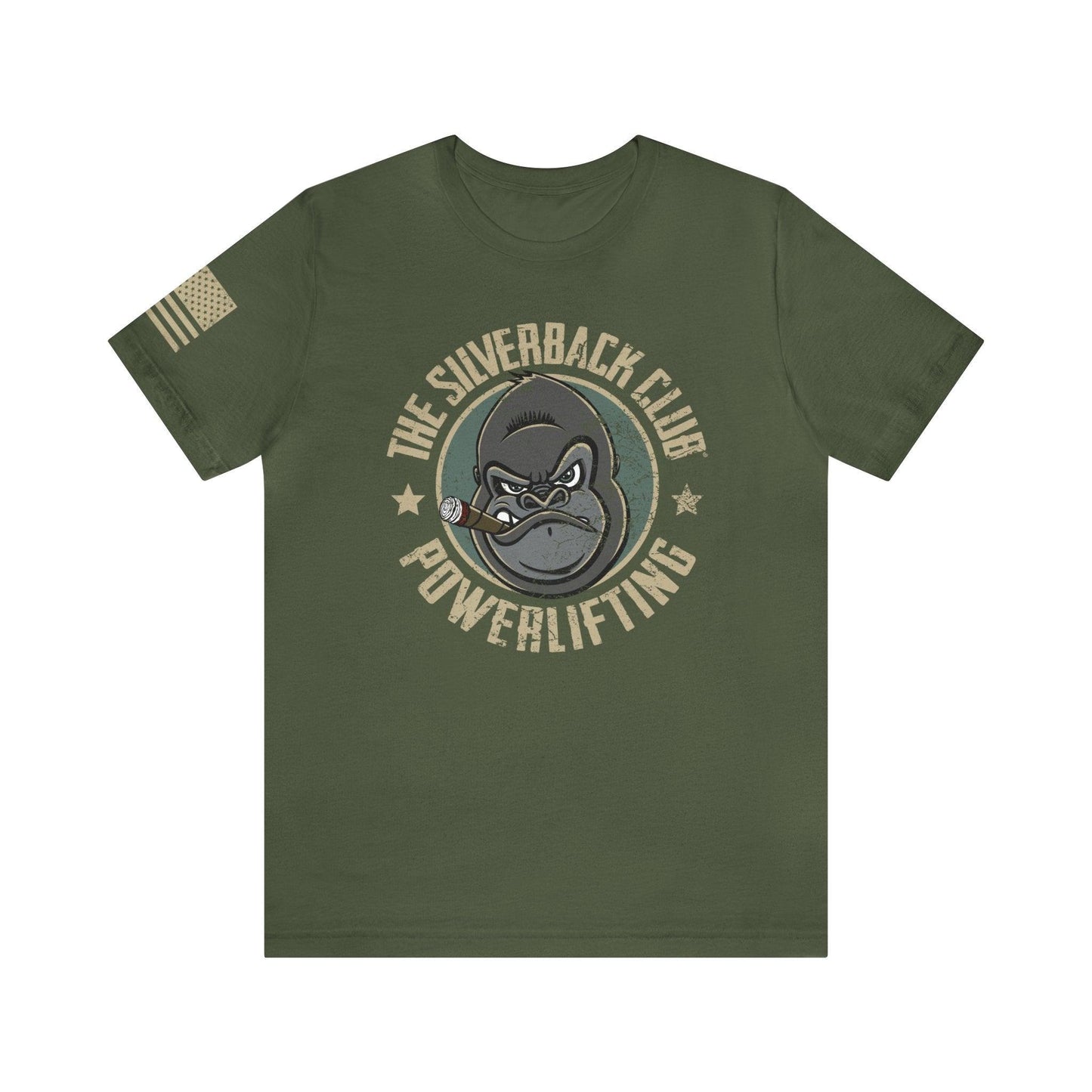 The front of a green t-shirt and The Silverback Club logo consisting of a gorilla's face smoking a cigar and the words "Powerlifting" underneath.