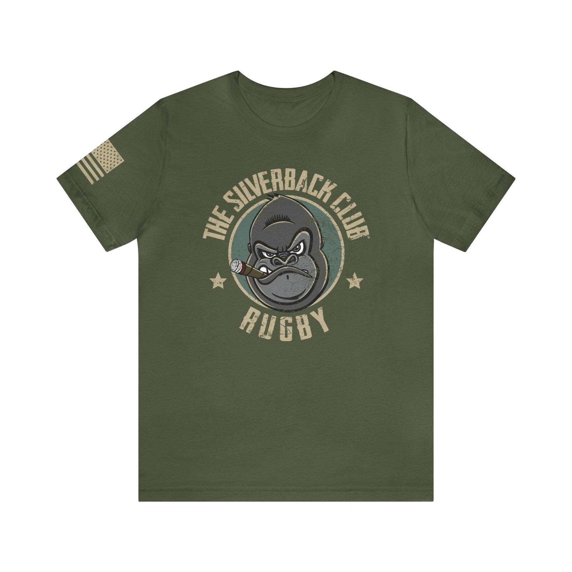 The front of a green t-shirt and The Silverback Club logo consisting of a gorilla's face smoking a cigar and the words "Rugby" underneath.