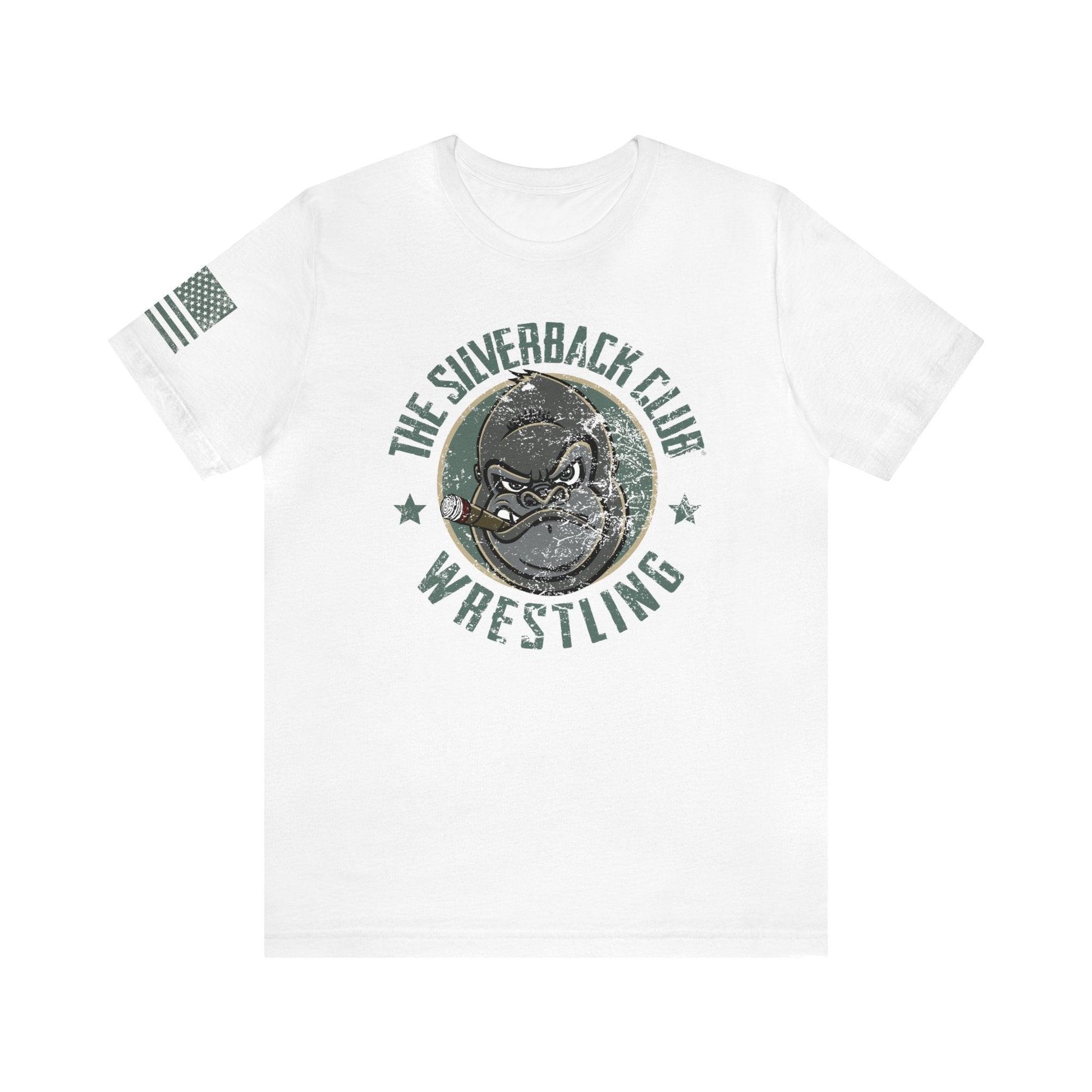 The front of a white t-shirt and The Silverback Club logo consisting of a gorilla's face smoking a cigar and the words "Wrestling" underneath.