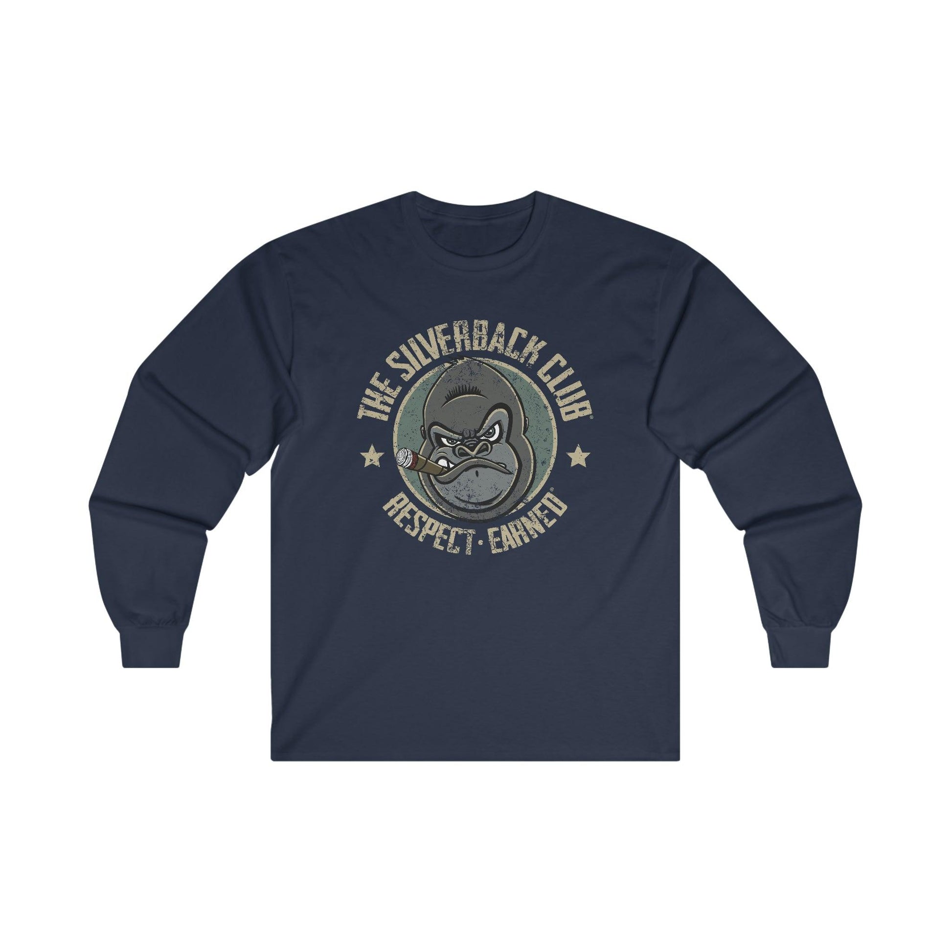 A navy blue long-sleeved t-shirt with a logo of a silverback gorilla head smoking a cigar and the words The Silverback Club and Respect.Earned surrounding it.