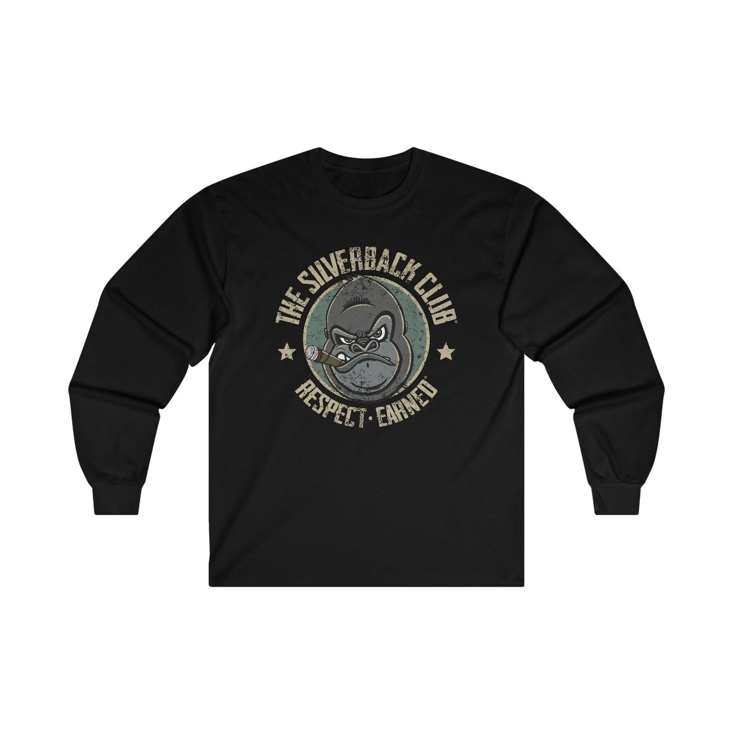 A black long-sleeved t-shirt with a logo of a silverback gorilla head smoking a cigar and the words The Silverback Club and Respect.Earned surrounding it.