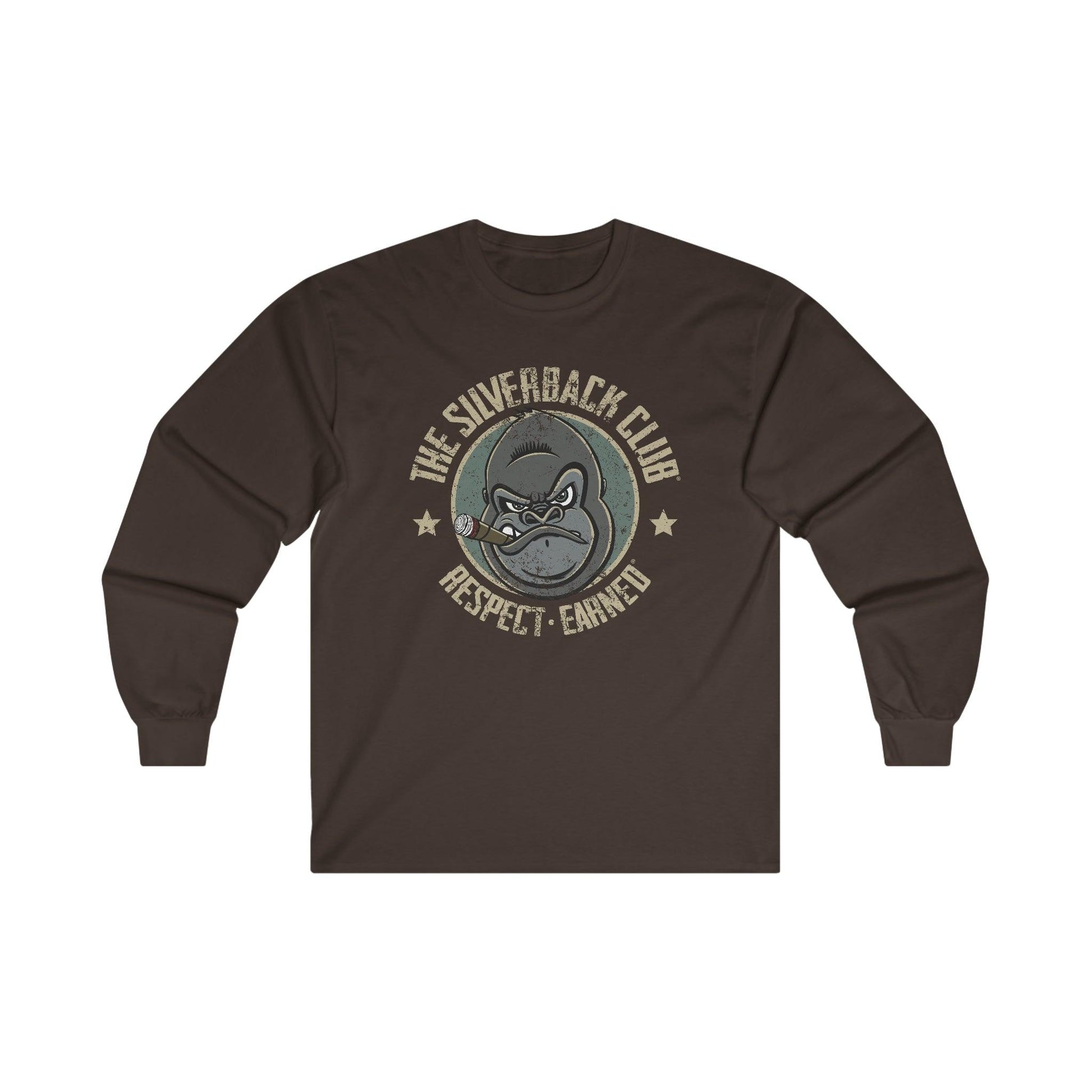 A brown long-sleeved t-shirt with a logo of a silverback gorilla head smoking a cigar and the words The Silverback Club and Respect.Earned surrounding it.