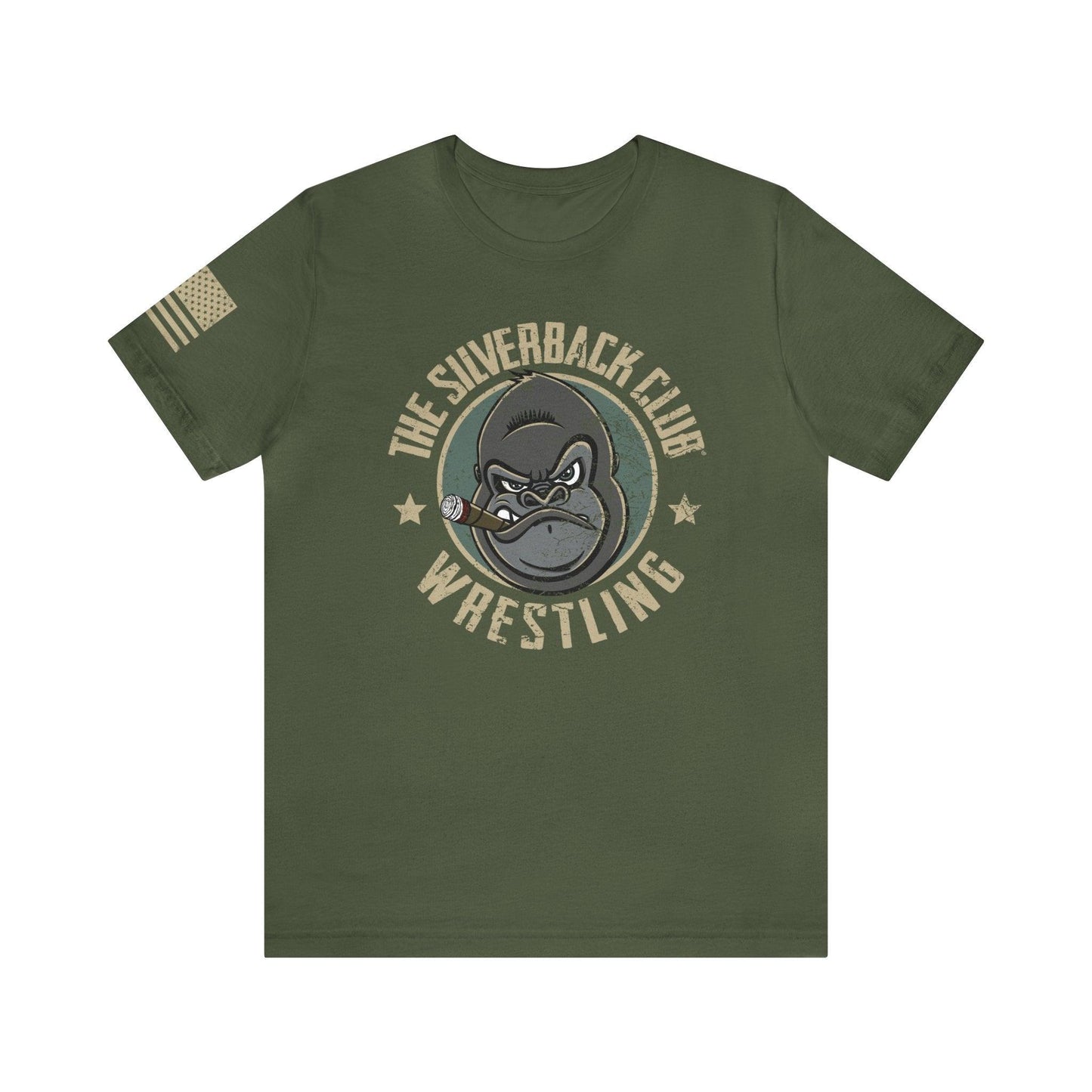 The front of a green t-shirt and The Silverback Club logo consisting of a gorilla's face smoking a cigar and the words "Wrestling" underneath.