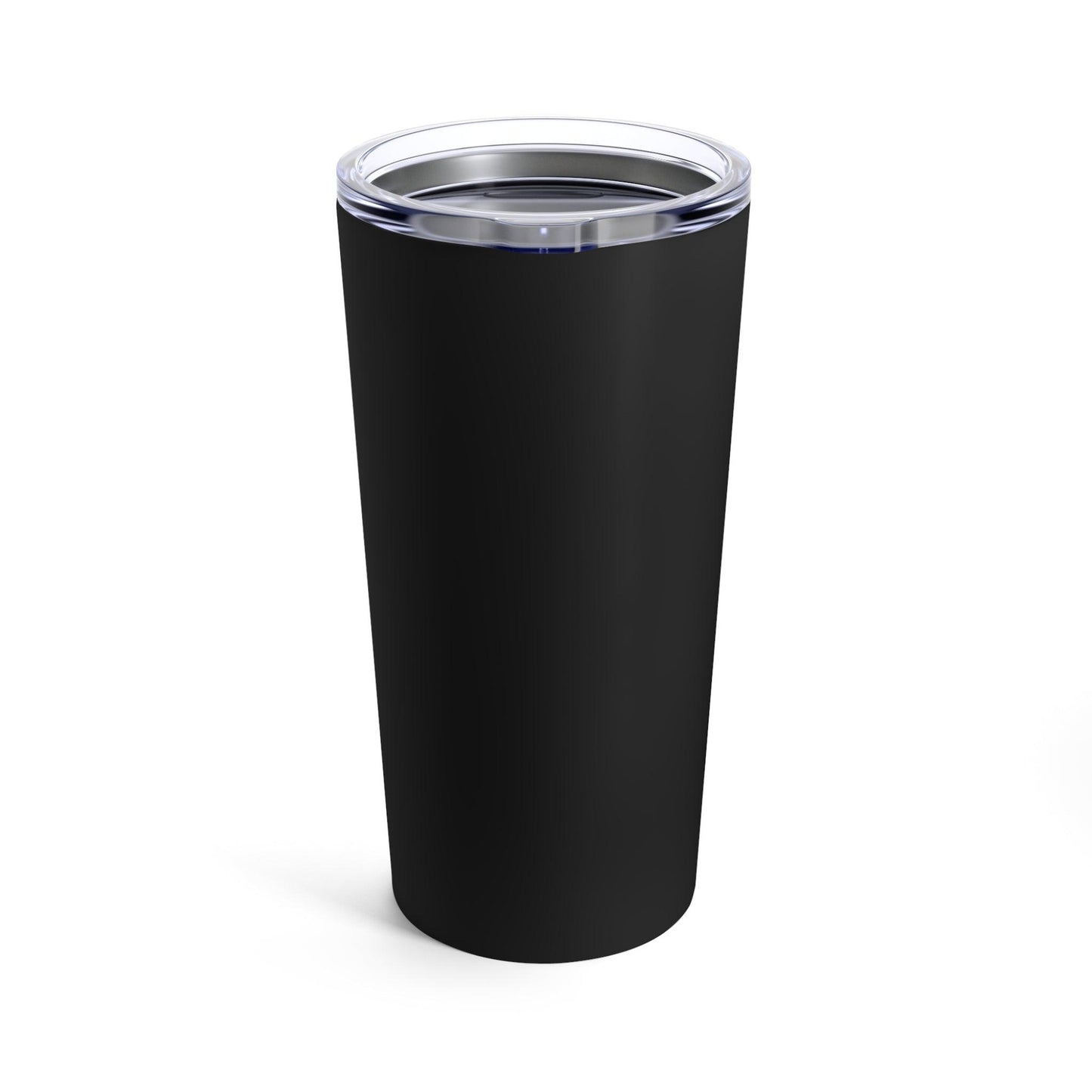A side view of a black drink tumbler.