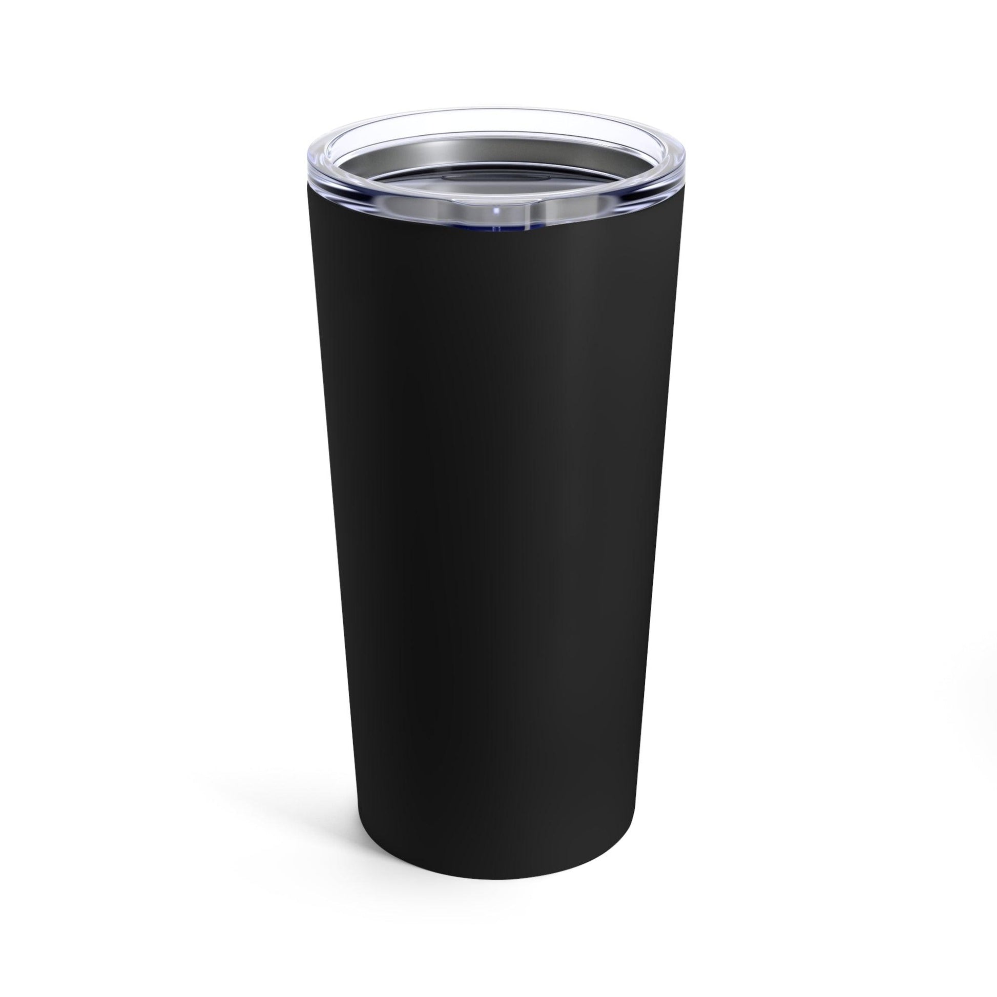 A side view of a black drink tumbler.