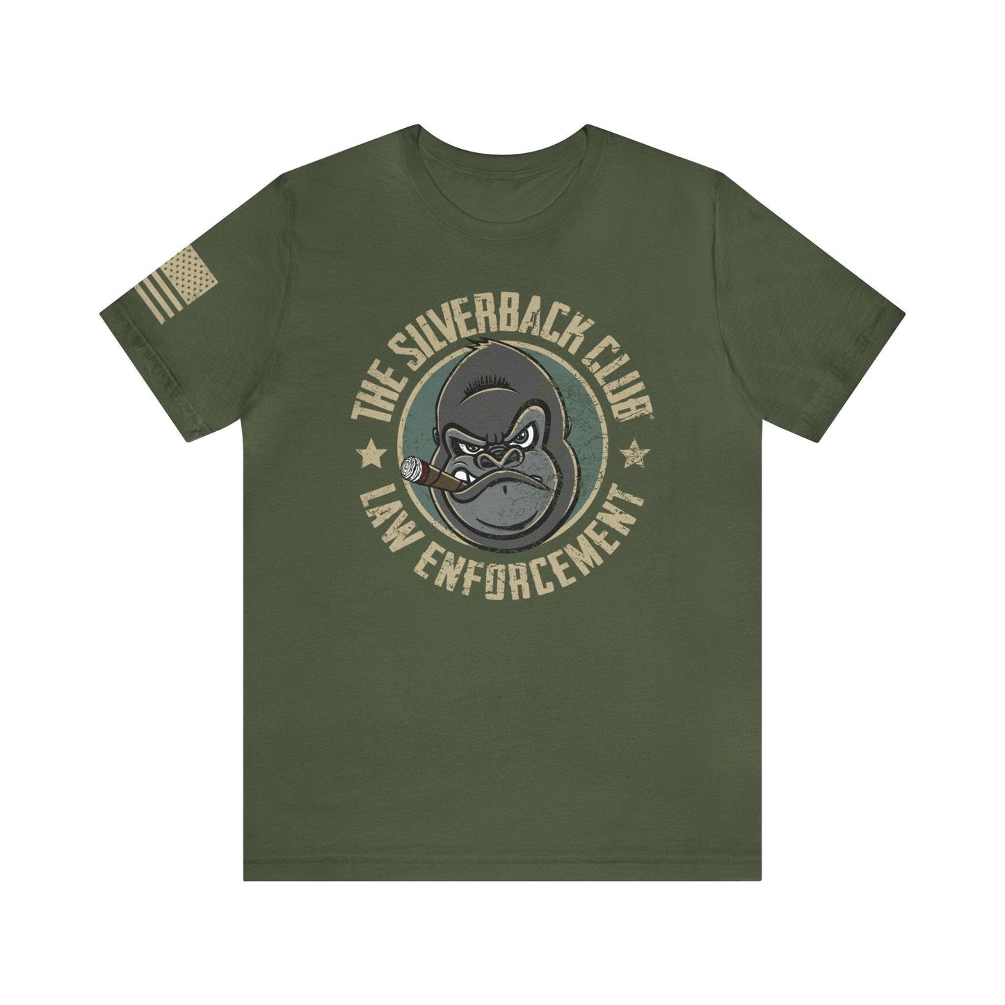 The front of a green t-shirt and The Silverback Club logo consisting of a gorilla's face smoking a cigar and the words "Law Enforcement" underneath. The U.S. flag is on the right sleeve.