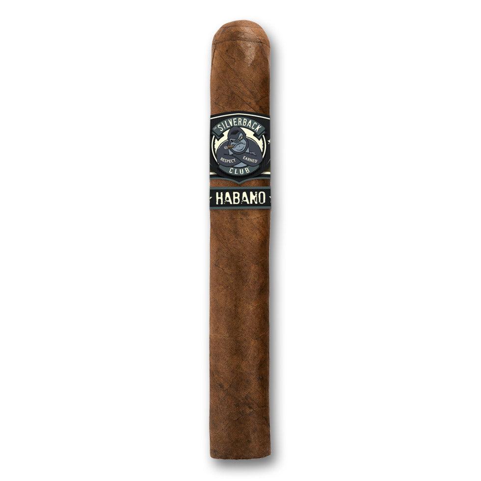 A cigar with a wrapper that has The Silverback Club logo on it of a gorilla smoking a cigar and the words "Habano".