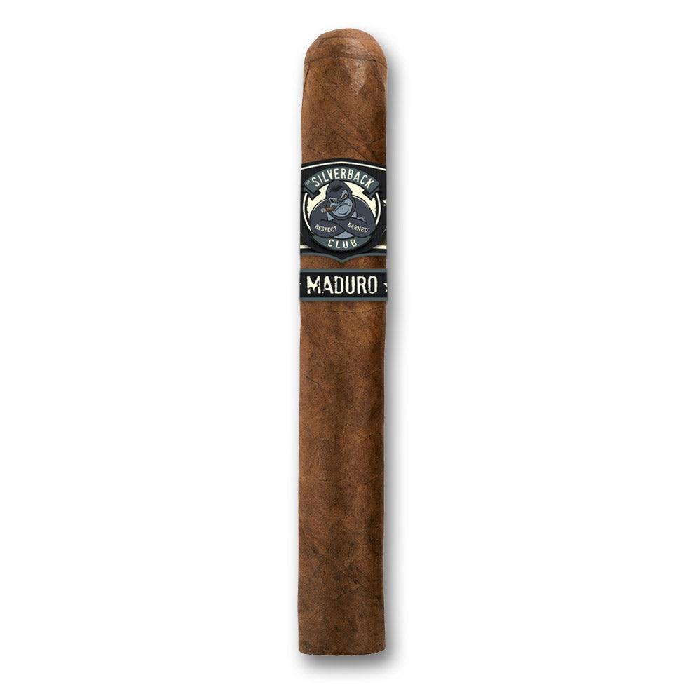 A cigar with a wrapper that has The Silverback Club logo on it of a gorilla smoking a cigar and the words "Maduro".