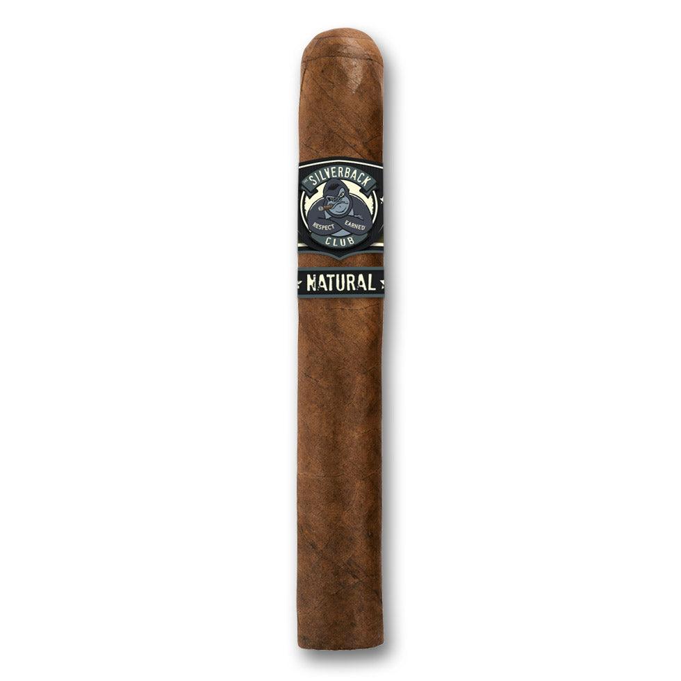 A cigar with a wrapper that has The Silverback Club logo on it of a gorilla smoking a cigar and the words "Natural".